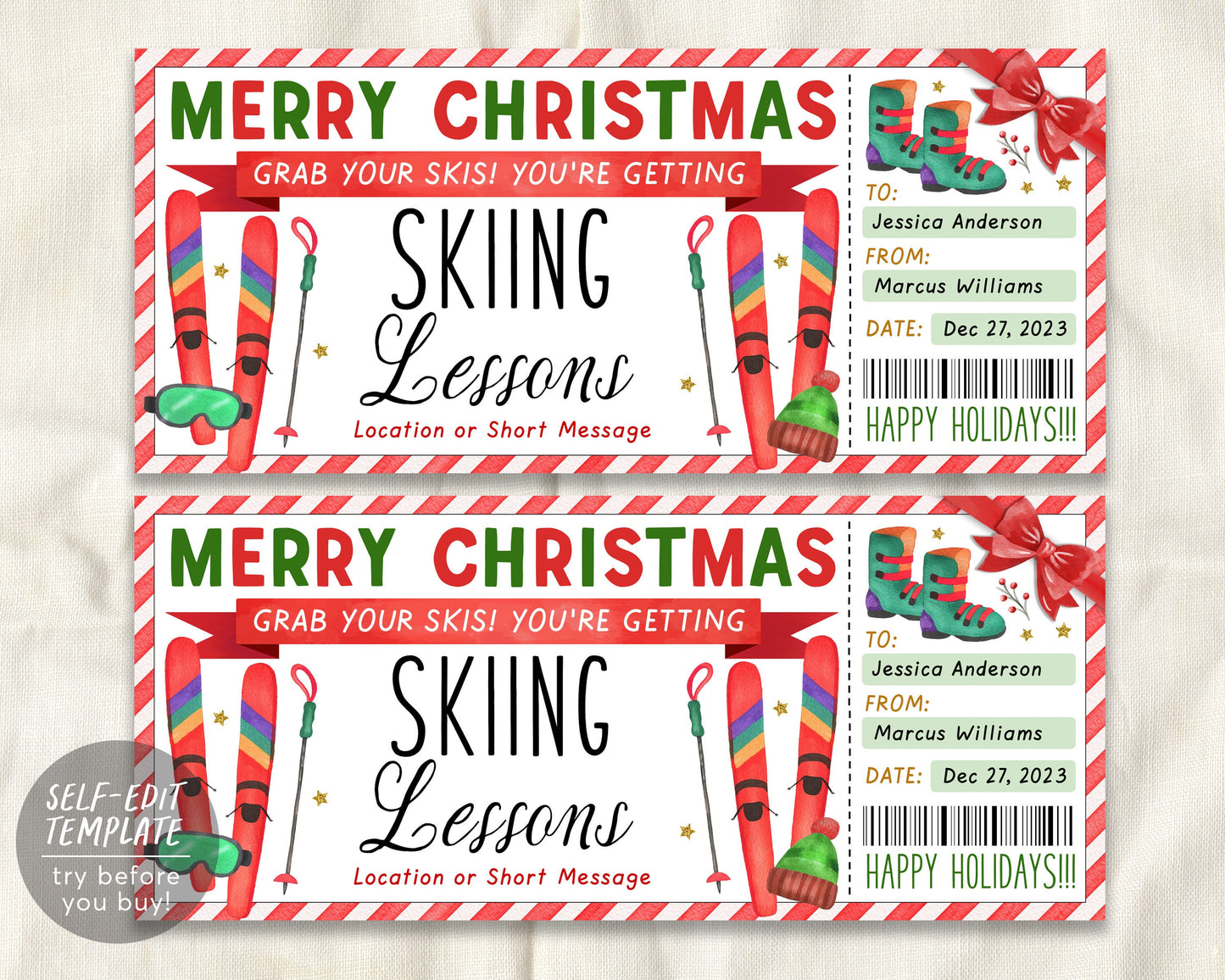 Skiing Lessons Voucher Gift Voucher Editable Template