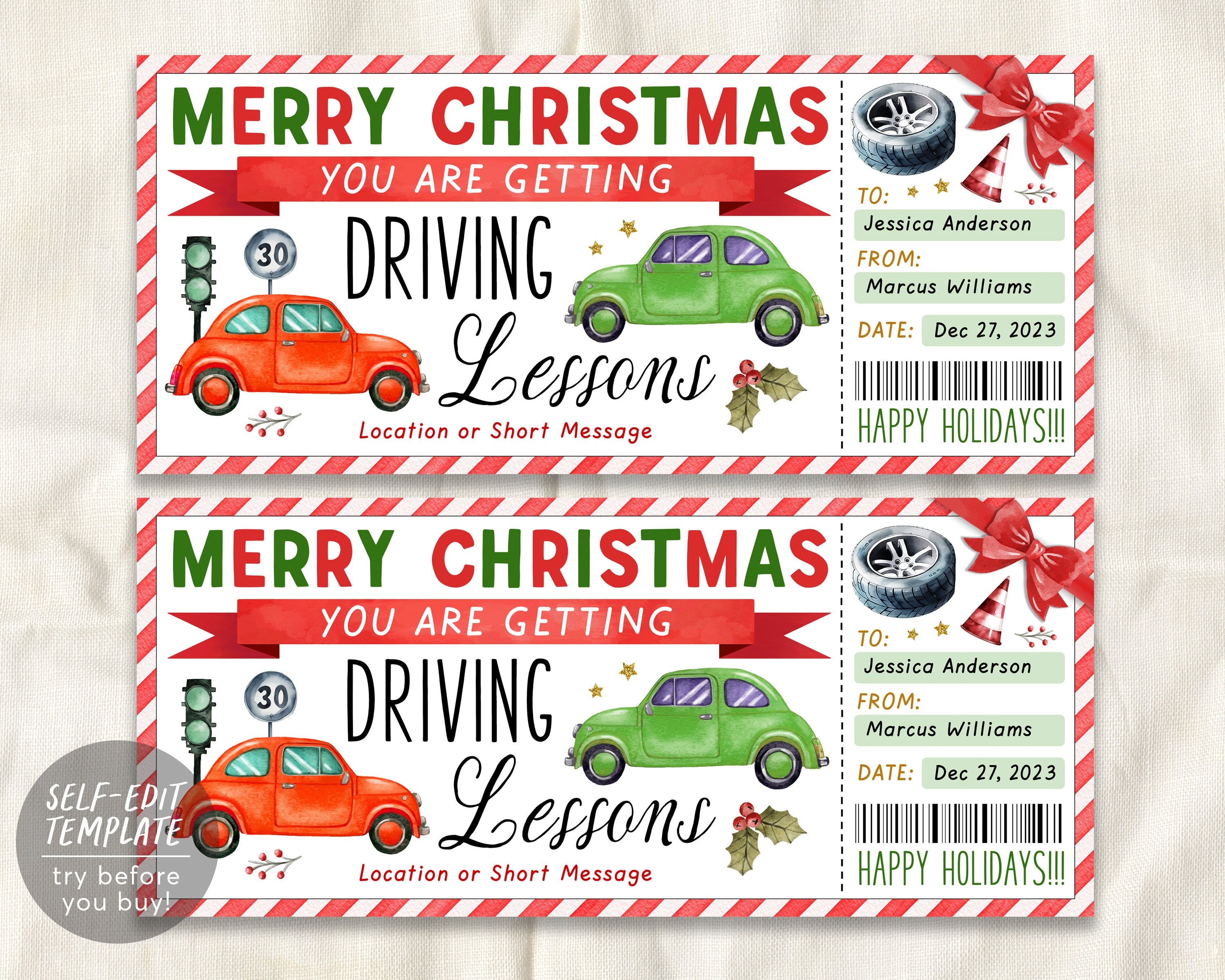 Christmas Driving Lessons Gift Certificate Editable Template, Surprise ...