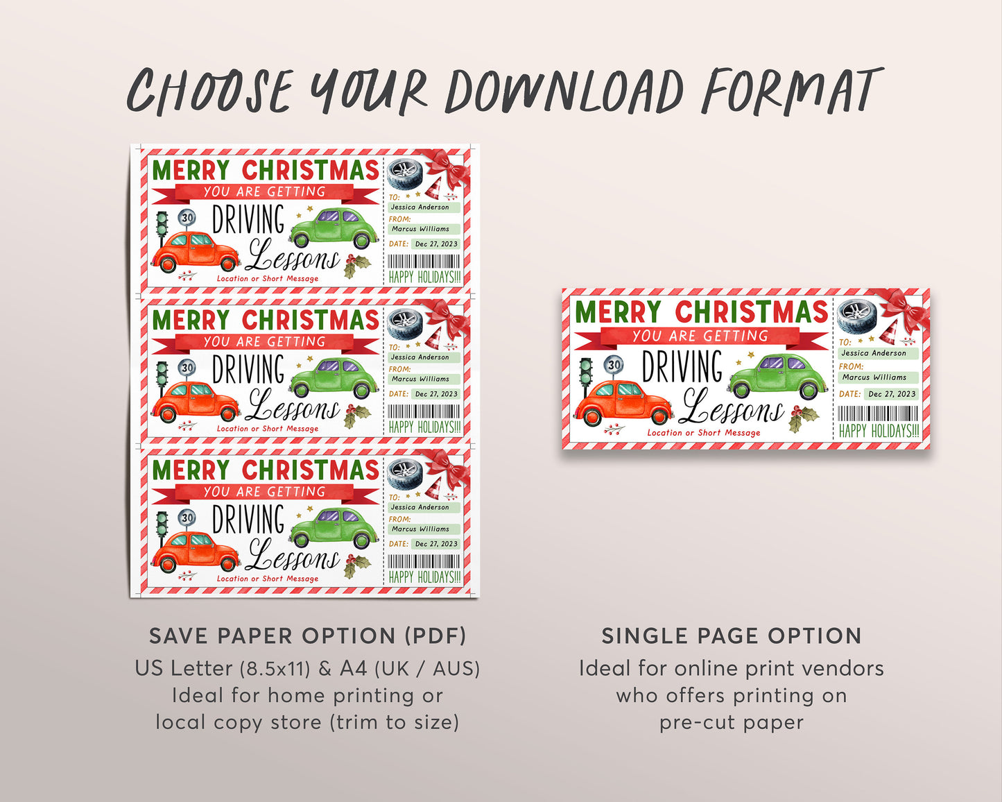 Christmas Driving Lessons Gift Certificate Editable Template, Surprise Driving School Gift Voucher Ticket, Holiday Learn to Drive Coupon