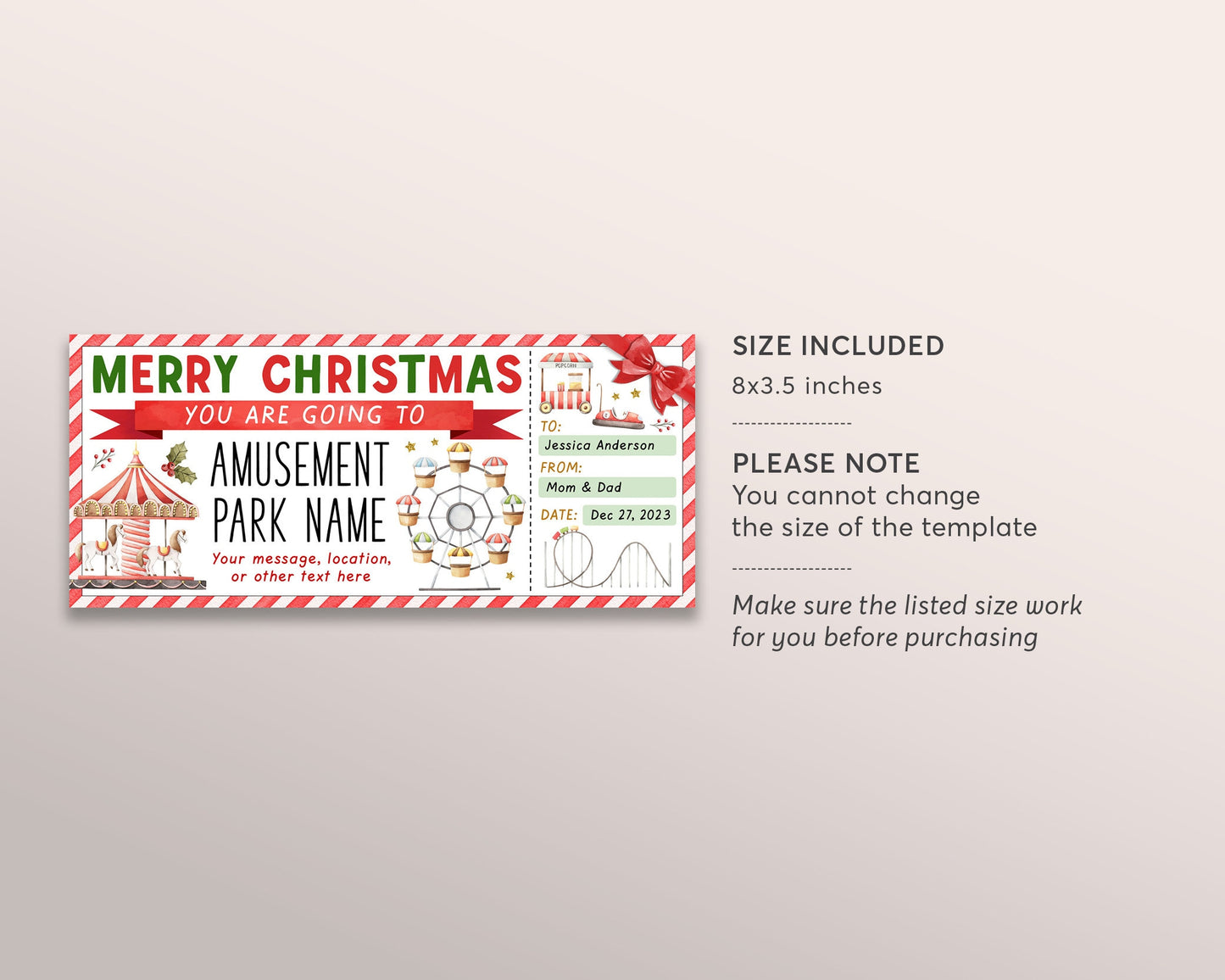 Christmas Amusement Park Ticket Editable Template, Surprise Holiday Theme Park Gift Voucher For Kids, Carnival Day Trip Gift Certificate