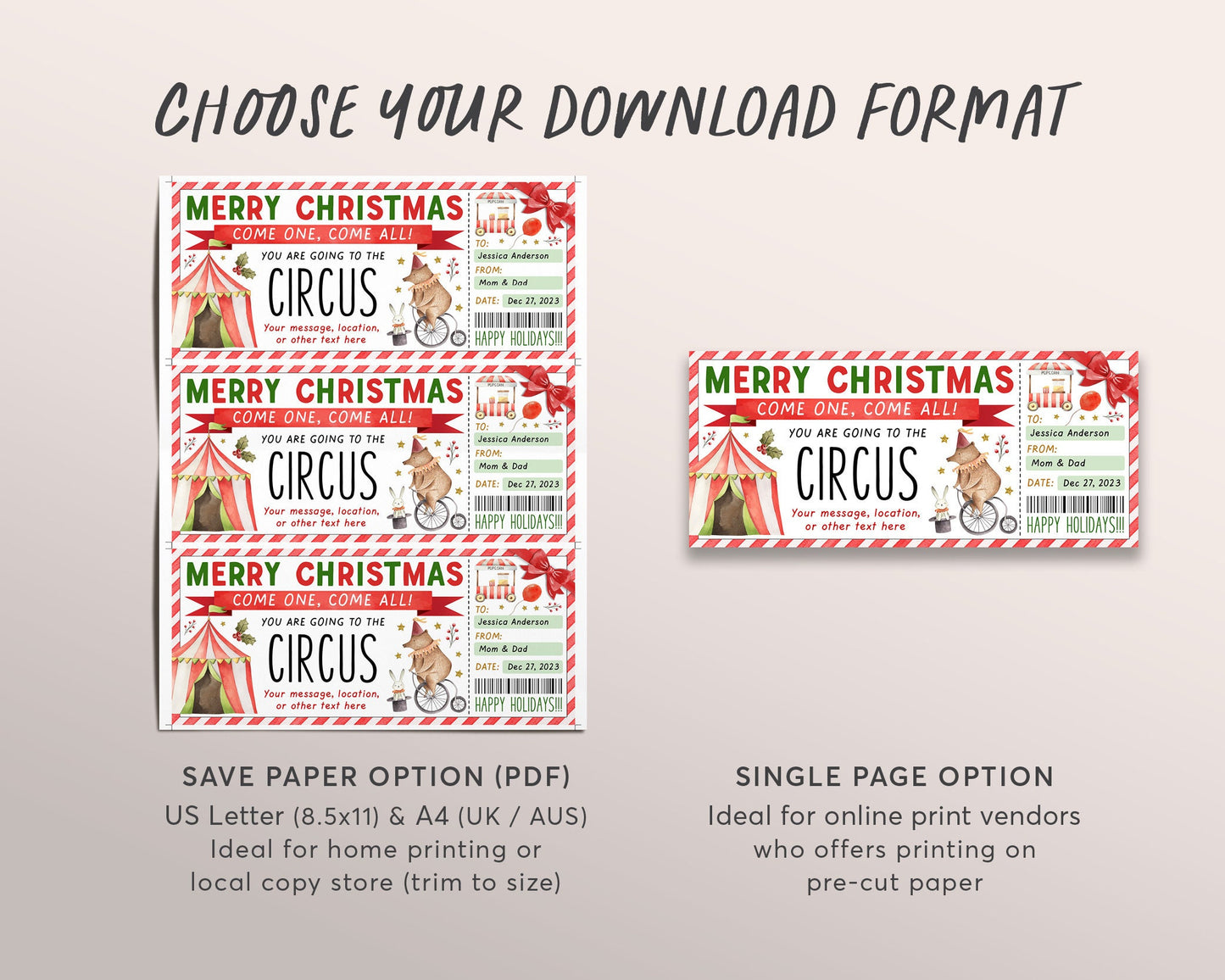 Christmas Circus Ticket Editable Template, Surprise Carnival Ticket Gift Voucher For Kids, Holiday Theme Park Day Trip Certificate Reveal