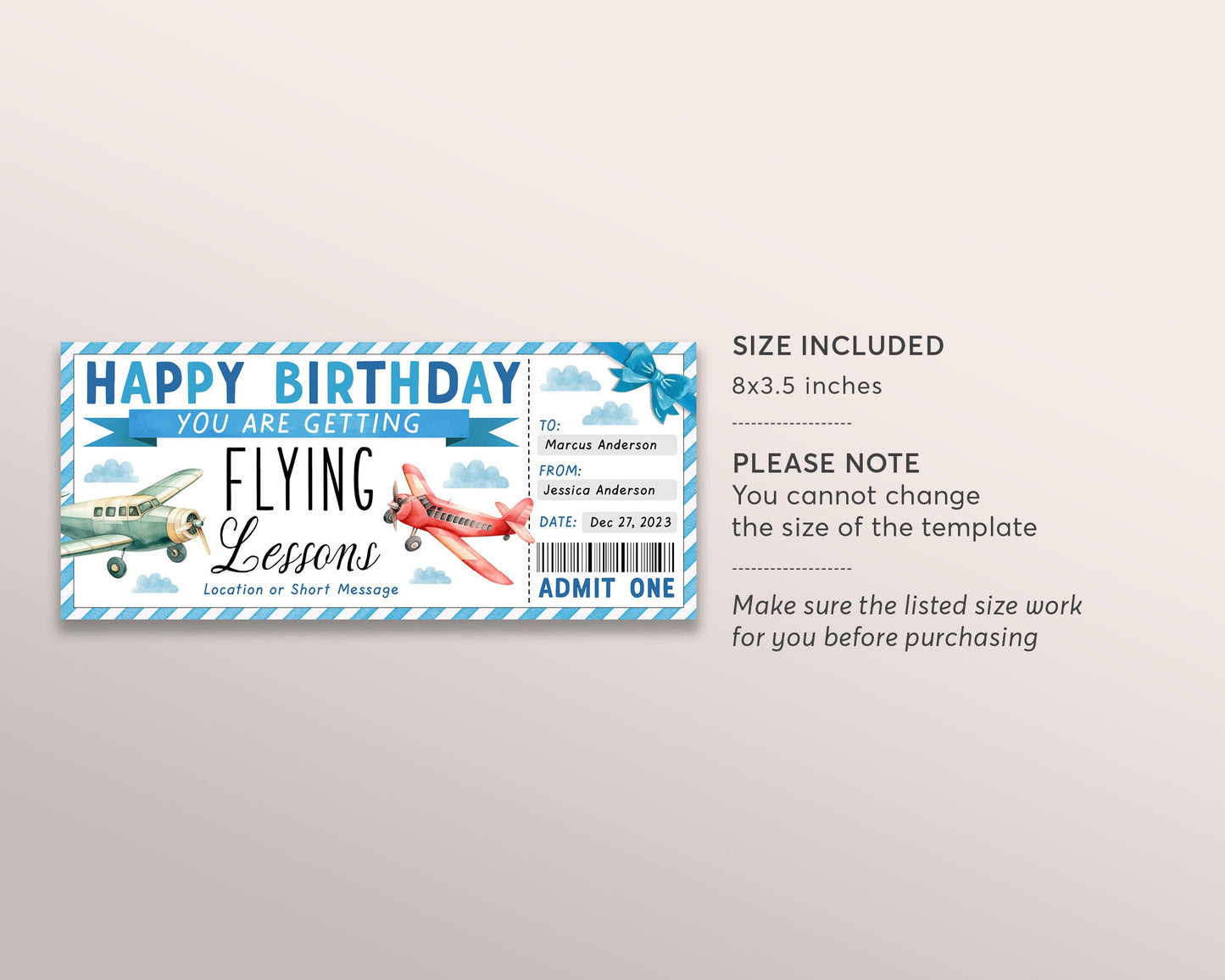 Flying Lessons Ticket Gift Voucher Editable Template, Surprise Birthday Flying Experience Pilot Training Gift Certificate Coupon Printable