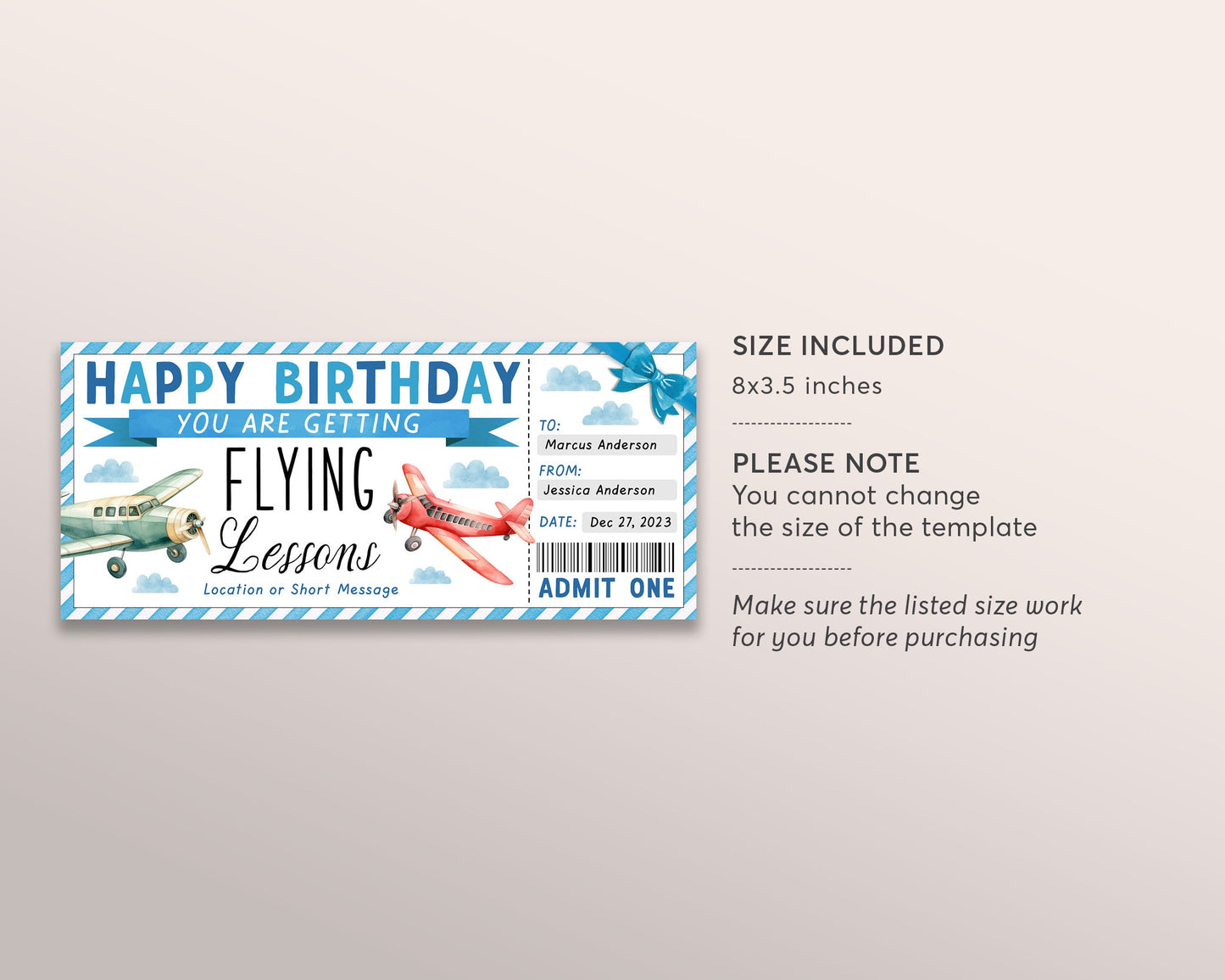 Flying Lessons Ticket Gift Voucher Editable Template, Surprise Birthda ...