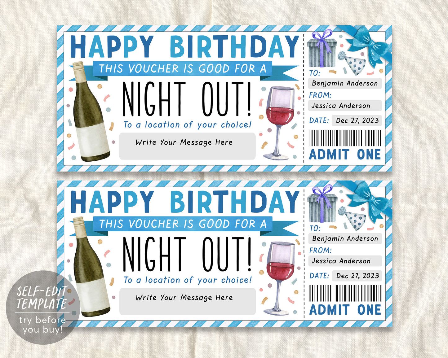 Birthday Night Out Gift Voucher Editable Template