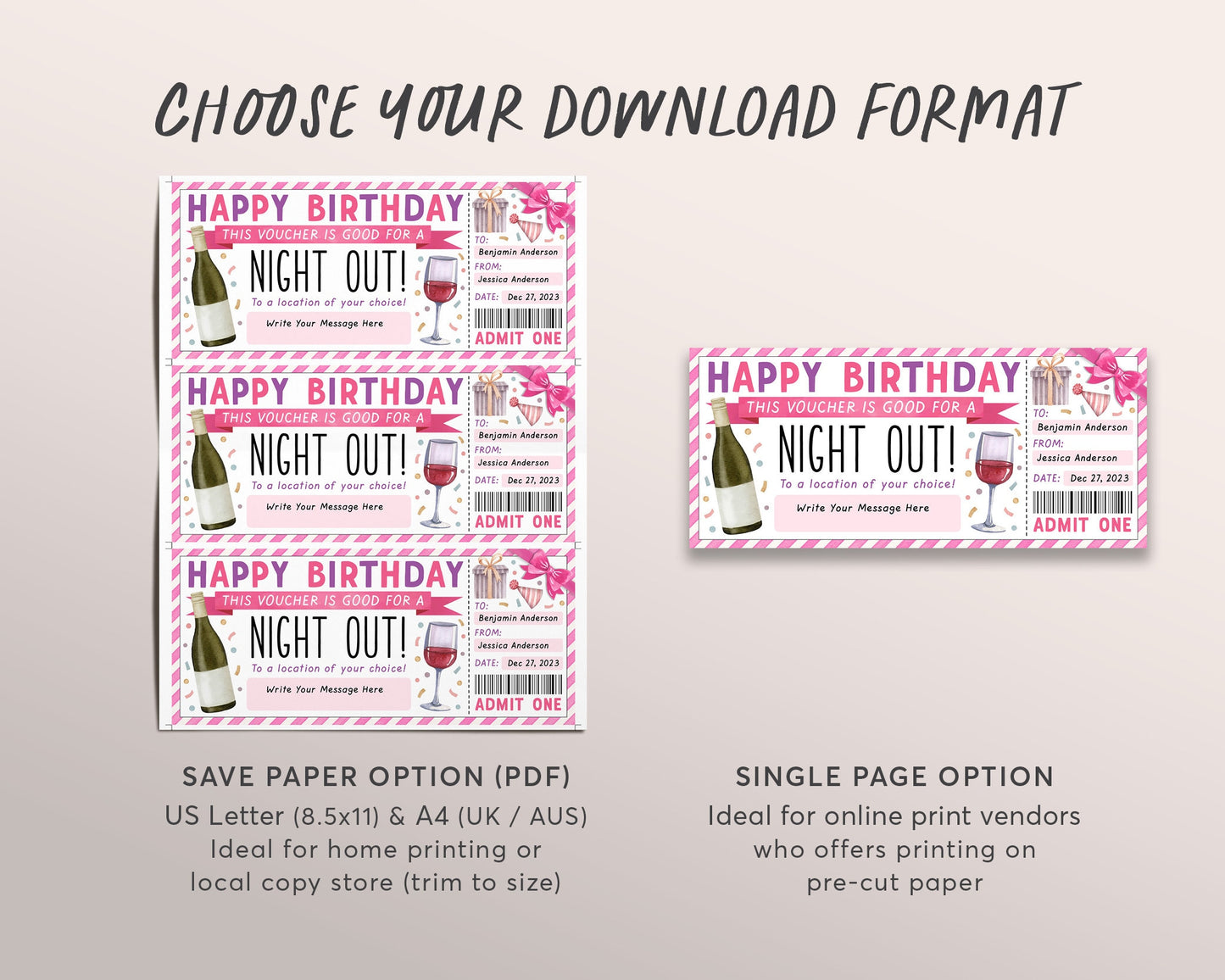 Birthday Night Out Gift Voucher Ticket Editable Template, Surprise Girls Night Dinner Party Date Gift Certificate Invite, Last Minute Gift