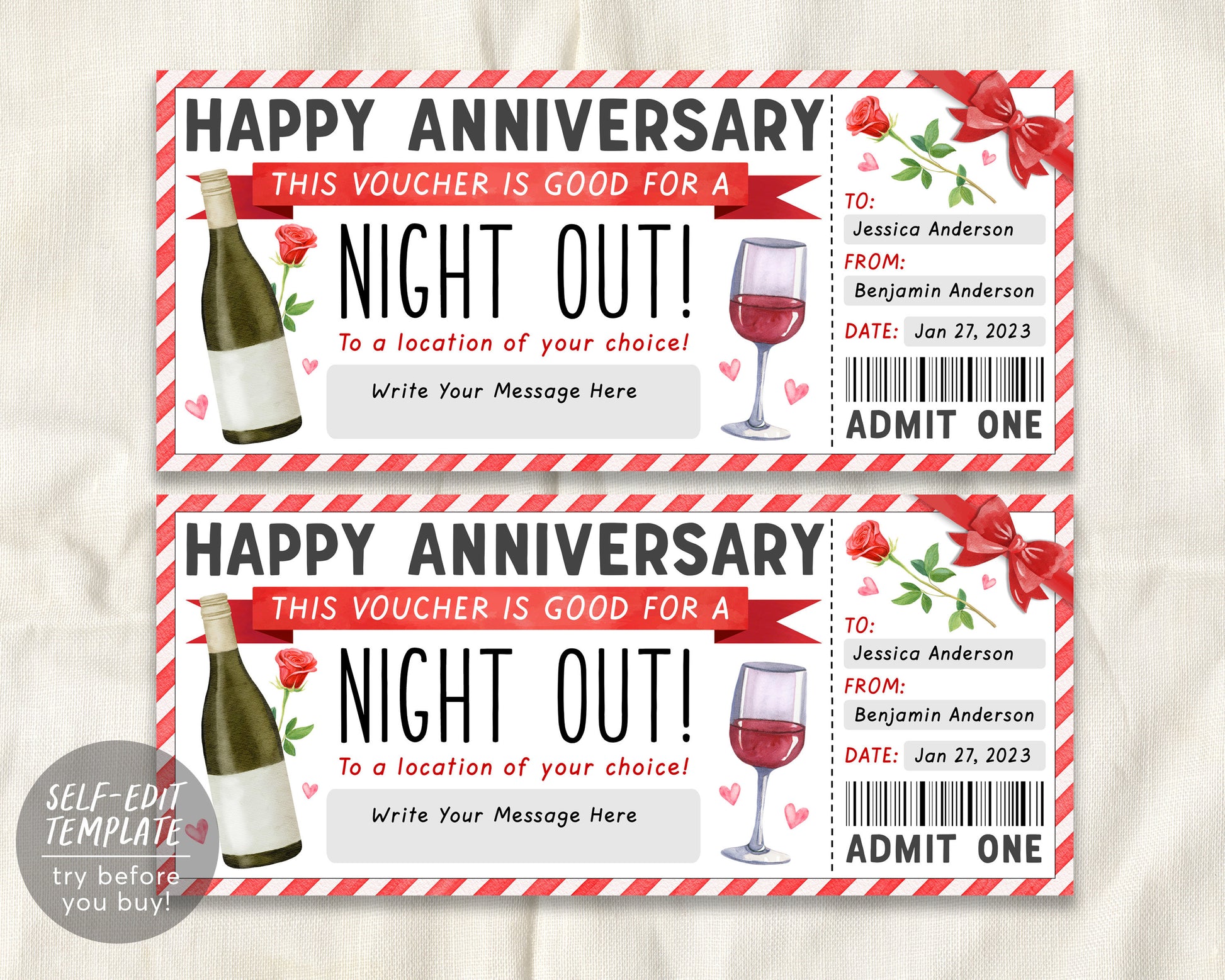 Night Out Gift Voucher Ticket Editable Template
