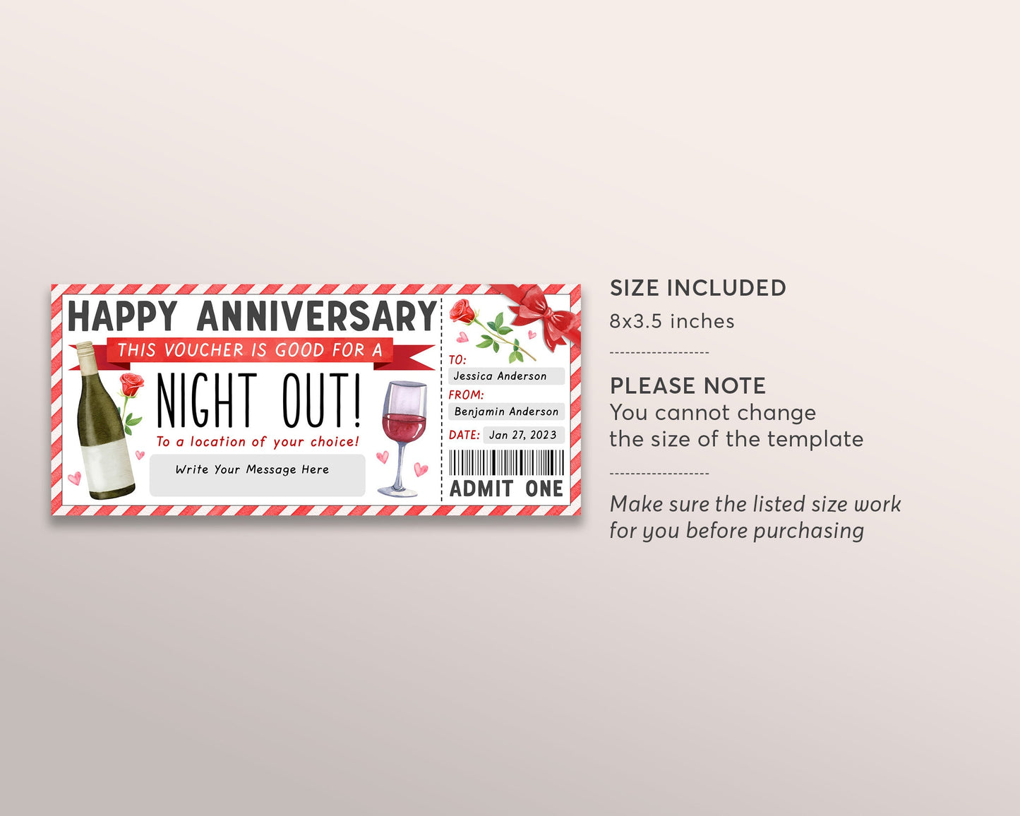Night Out Gift Voucher Ticket Editable Template, Anniversary Surprise Restaurant Dinner Date For Wife Gift Certificate, Last Minute Gift