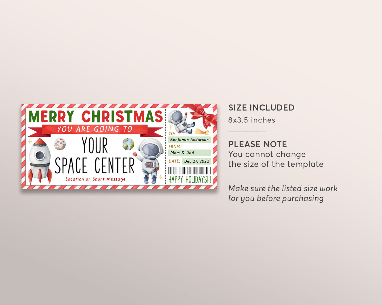 Space Center Surprise Trip Ticket Editable Template, Christmas Space Museum Gift Voucher For Kids, Holiday Astronaut Experience Planetarium