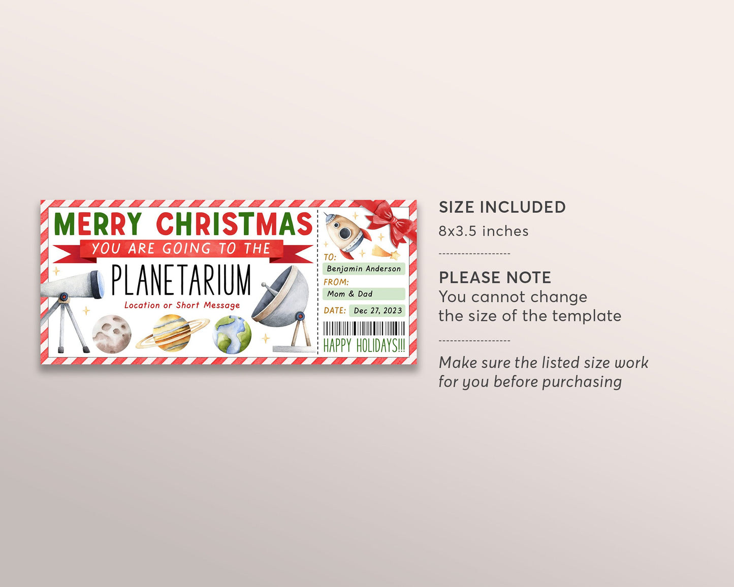 Planetarium Ticket Editable Template, Christmas Space Museum Gift Voucher For Kids, Holiday Science Center Surprise Coupon, Space Adventure