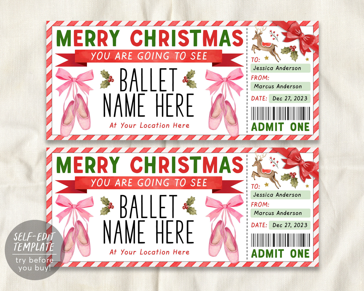 Christmas Ballet Gift Ticket Editable Template