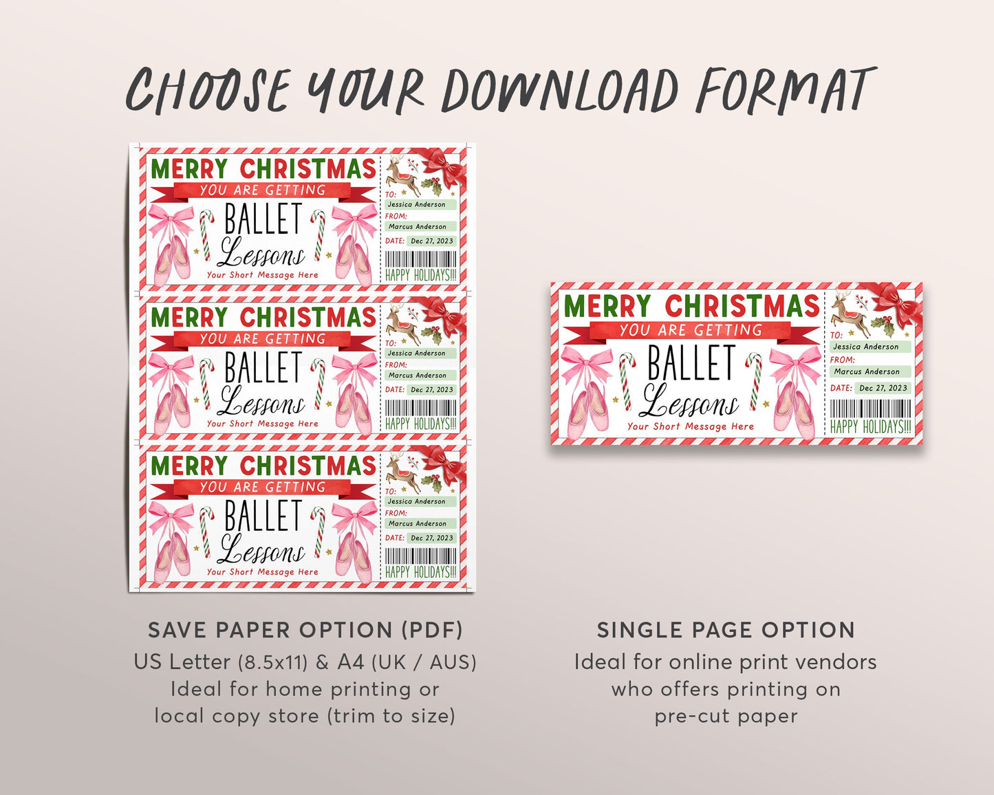 Christmas Ballet Lessons Ticket Editable Template, Surprise Holiday Ballet Classes Gift Certificate For Kids, Dance Lessons Voucher Coupon