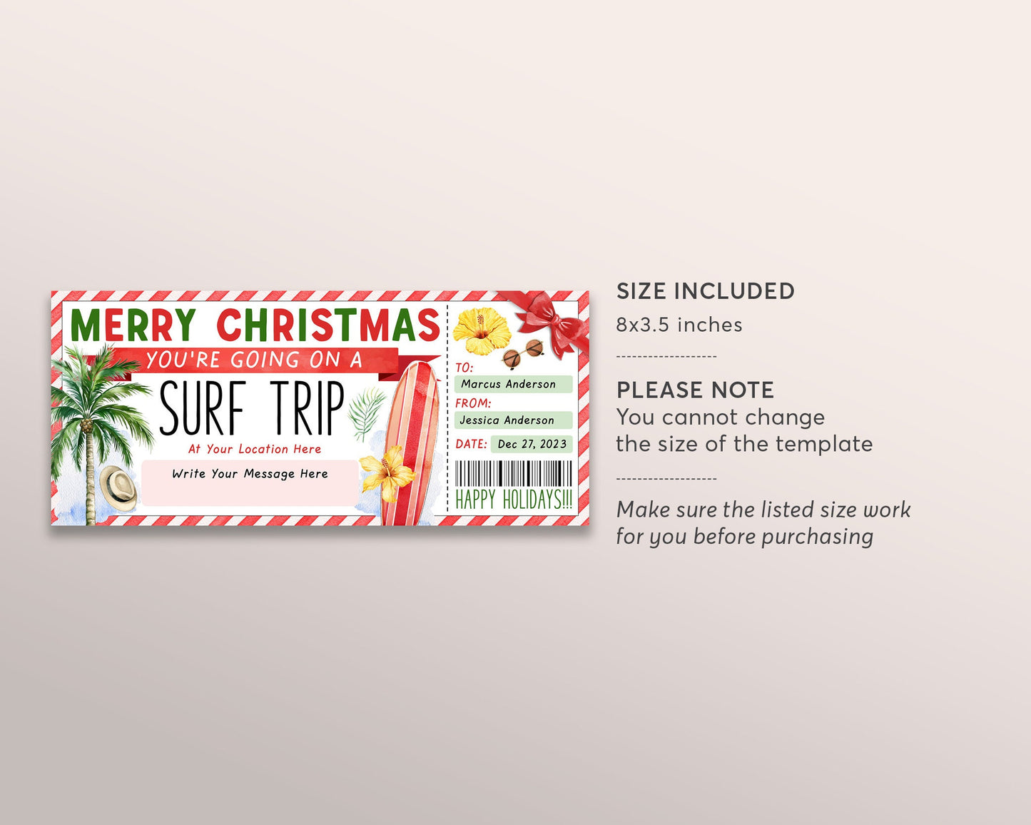 Surf Trip Ticket Gift Voucher Editable Template, Christmas Surprise Surfing Experience Gift Certificate, Holiday Tropical Beach Trip Coupon