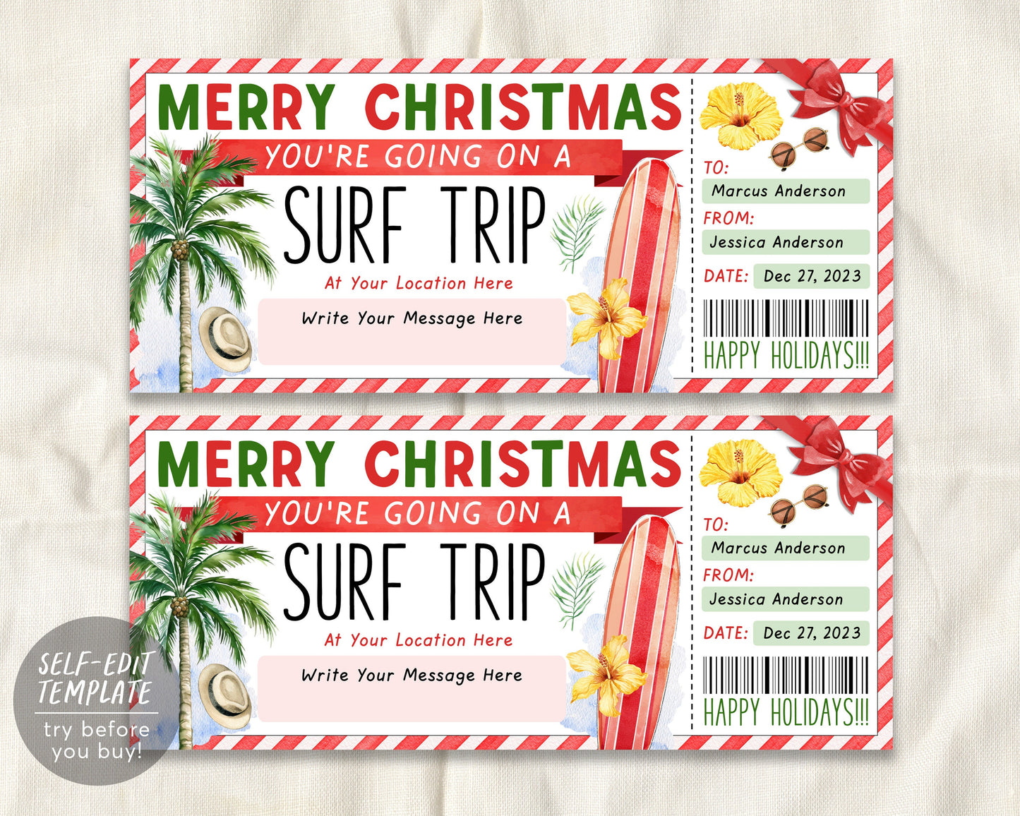 Surf Trip Ticket Gift Voucher Editable Template