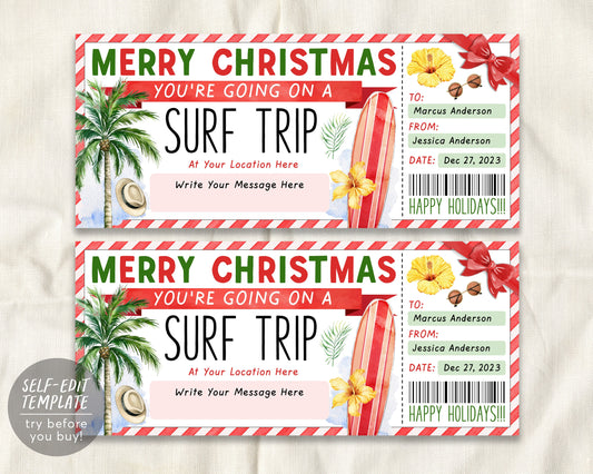 Surf Trip Ticket Gift Voucher Editable Template