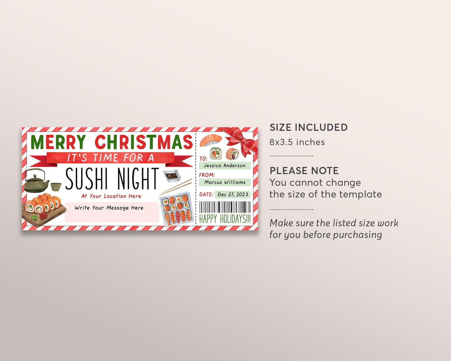 Sushi Night Ticket Voucher Editable Template, Christmas Surprise Sushi Date Night Coupon, Japanese Restaurant Dinner Date Gift Certificate