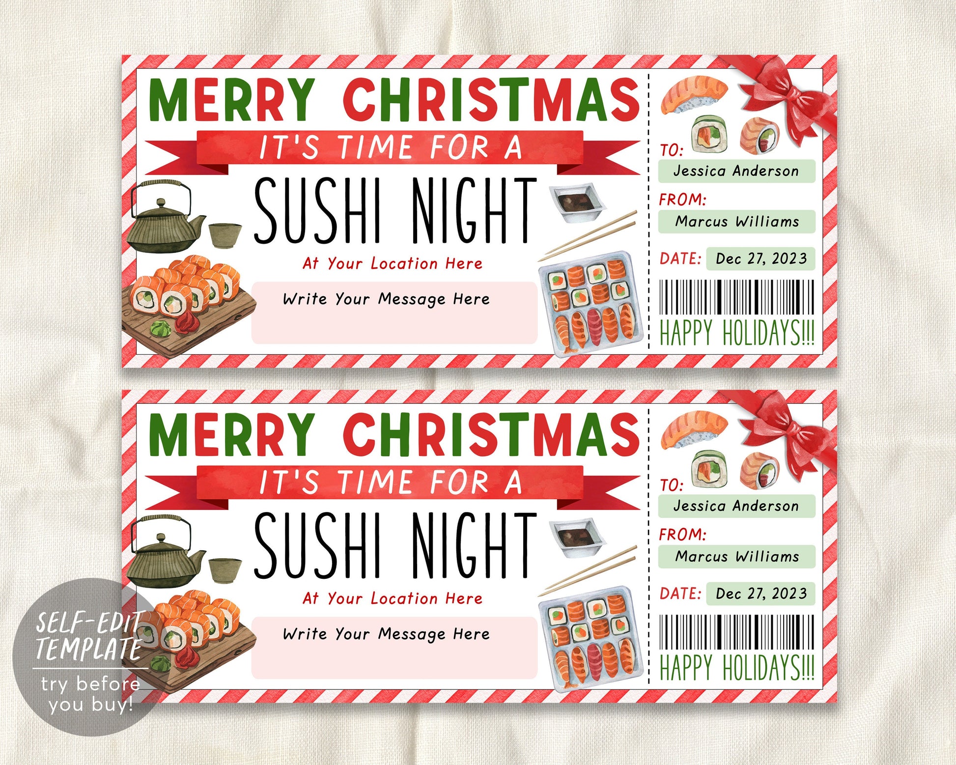 Sushi Night Ticket Voucher Editable Template