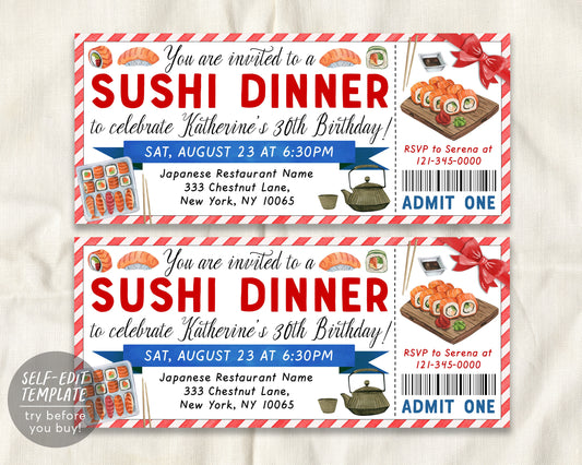 Sushi Dinner Invitation Ticket Editable Template