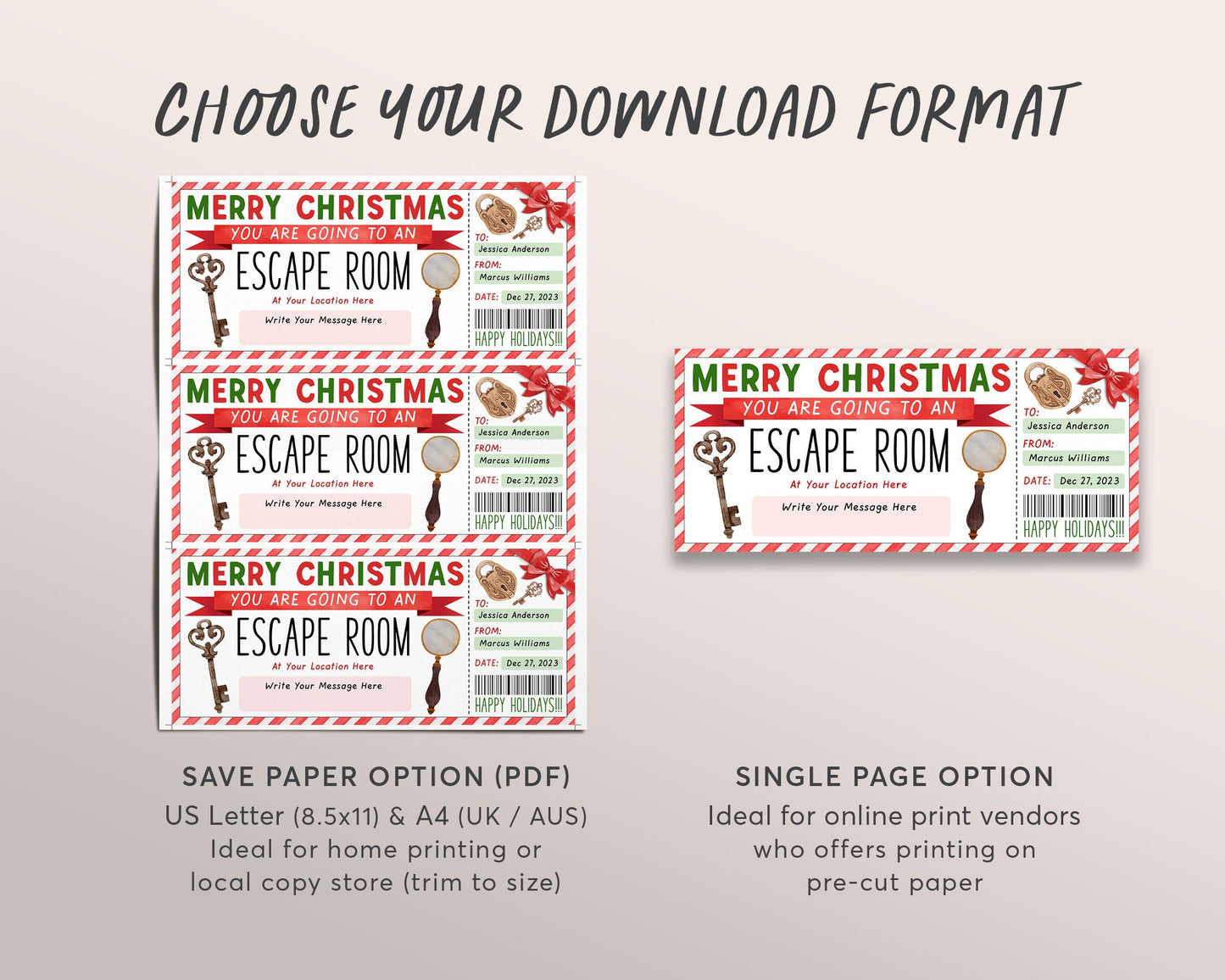 Christmas Escape Room Ticket Editable Template, Surprise Holiday Game Room Gift Certificate Reveal Invitation, Mystery Experience Voucher