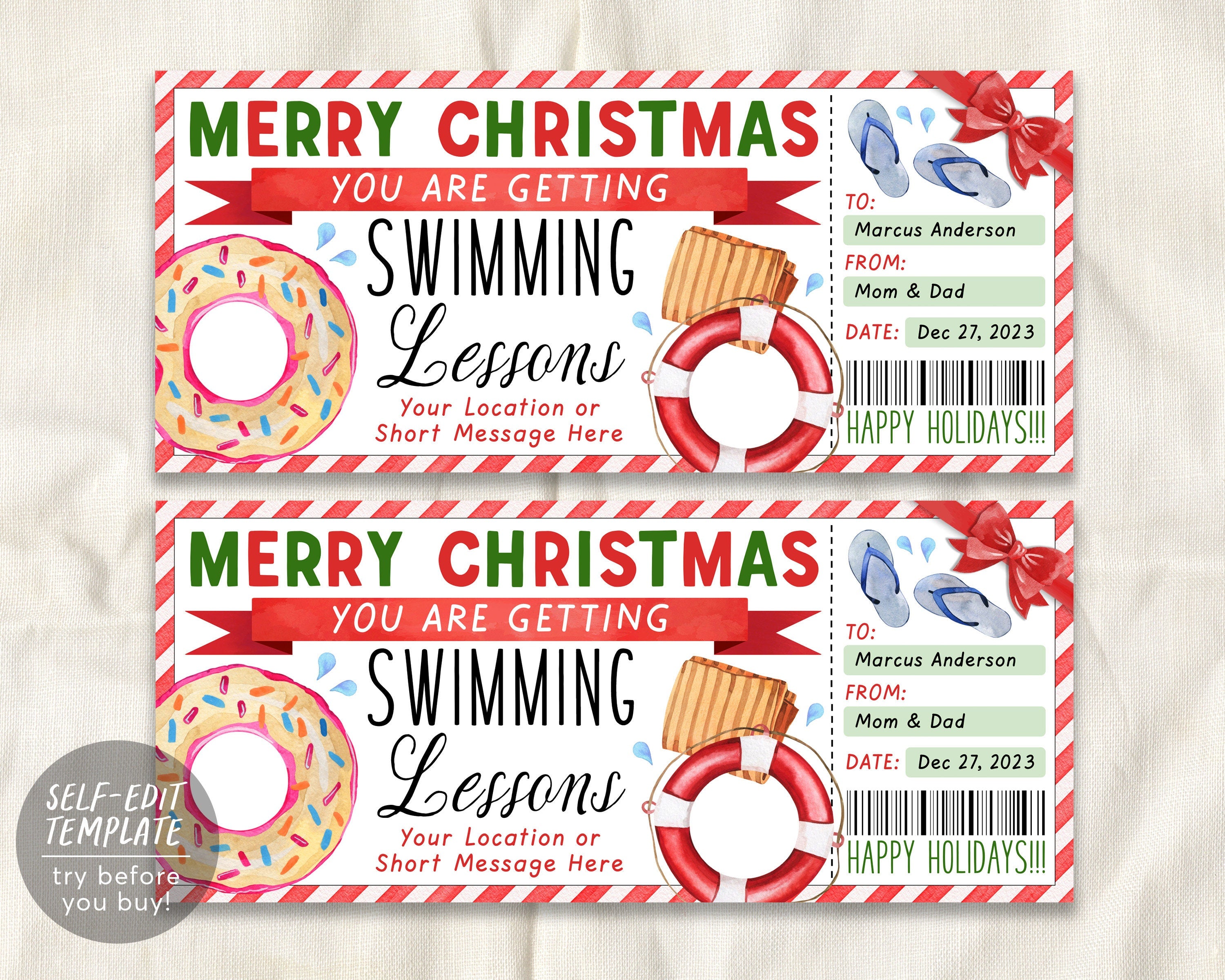 Christmas Swim Lessons Gift Certificate Ticket Editable Template, Surp ... Christmas Swim Lessons Gift Certificate Ticket Editable Template, Surp ...