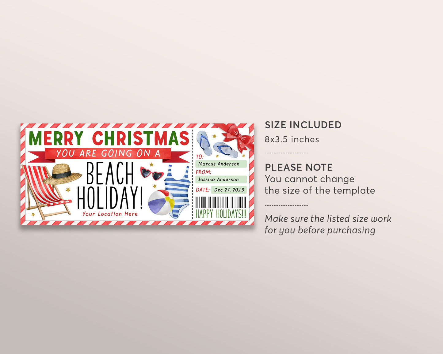 Tropical Beach Vacation Ticket Editable Template, Christmas Surprise Travel Weekend Getaway Reveal Gift Certificate, Resort Gift Voucher