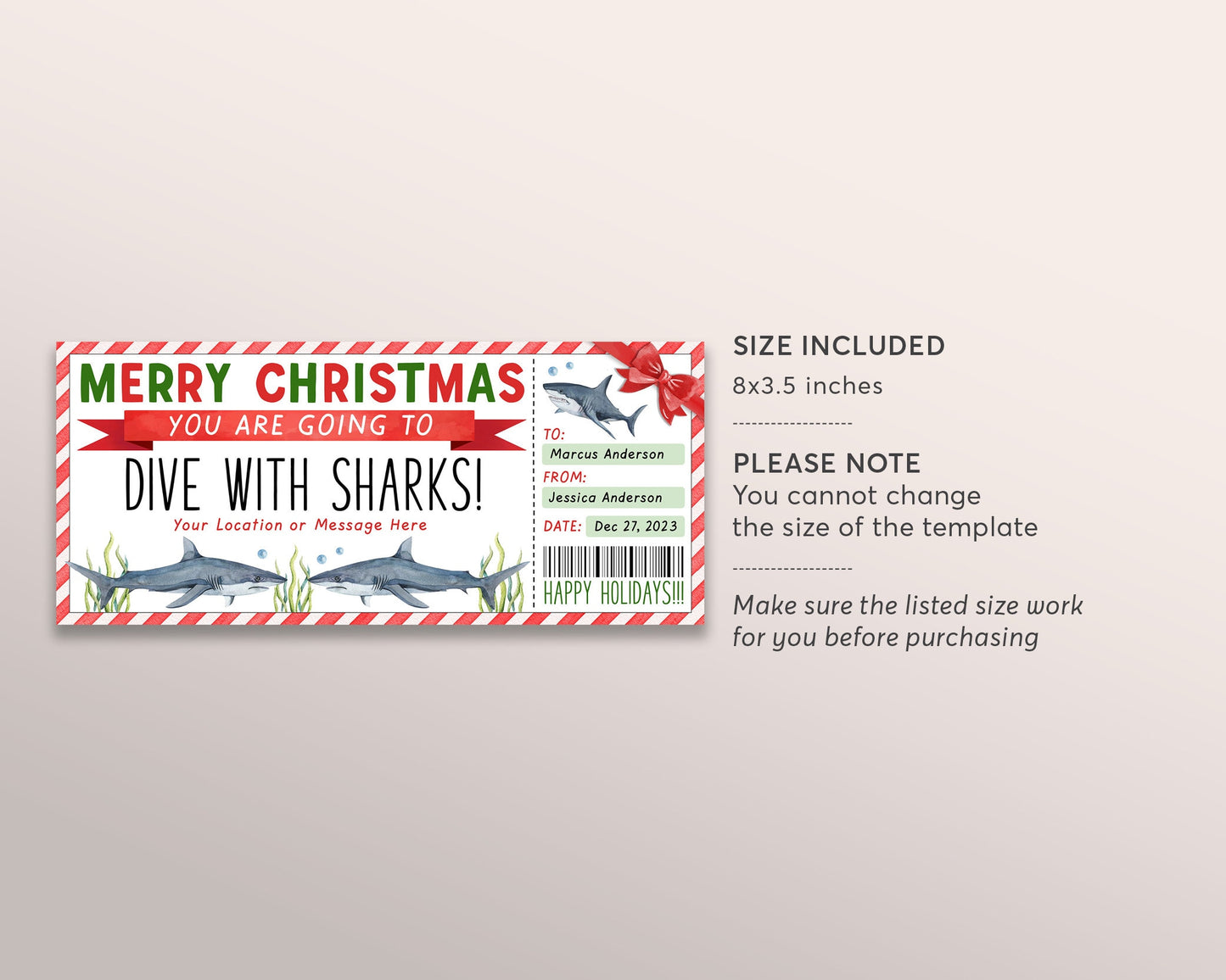 Christmas Dive With Sharks Ticket Editable Template, Surprise Cage Diving Experience Gift Voucher Scuba Diving Trip Gift Certificate Coupon