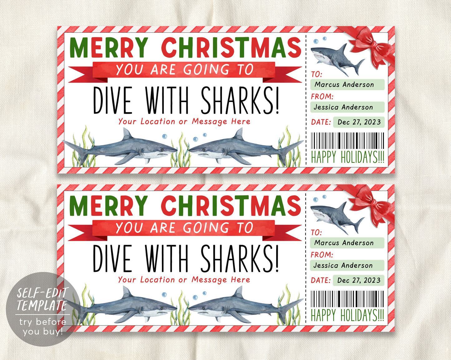 Christmas Dive With Sharks Ticket Editable Template