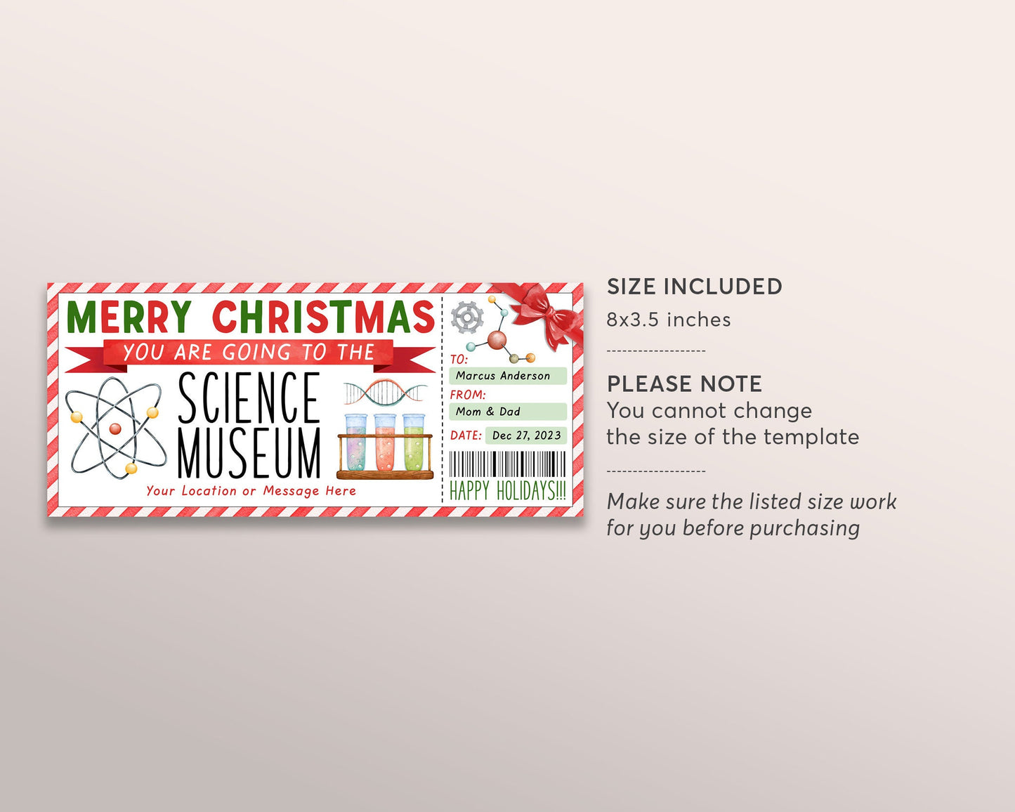 Science Museum Ticket Editable Template, Surprise Museum Membership Gift Voucher For Kids, Children's Museum Day Trip Gift Certificate DIY