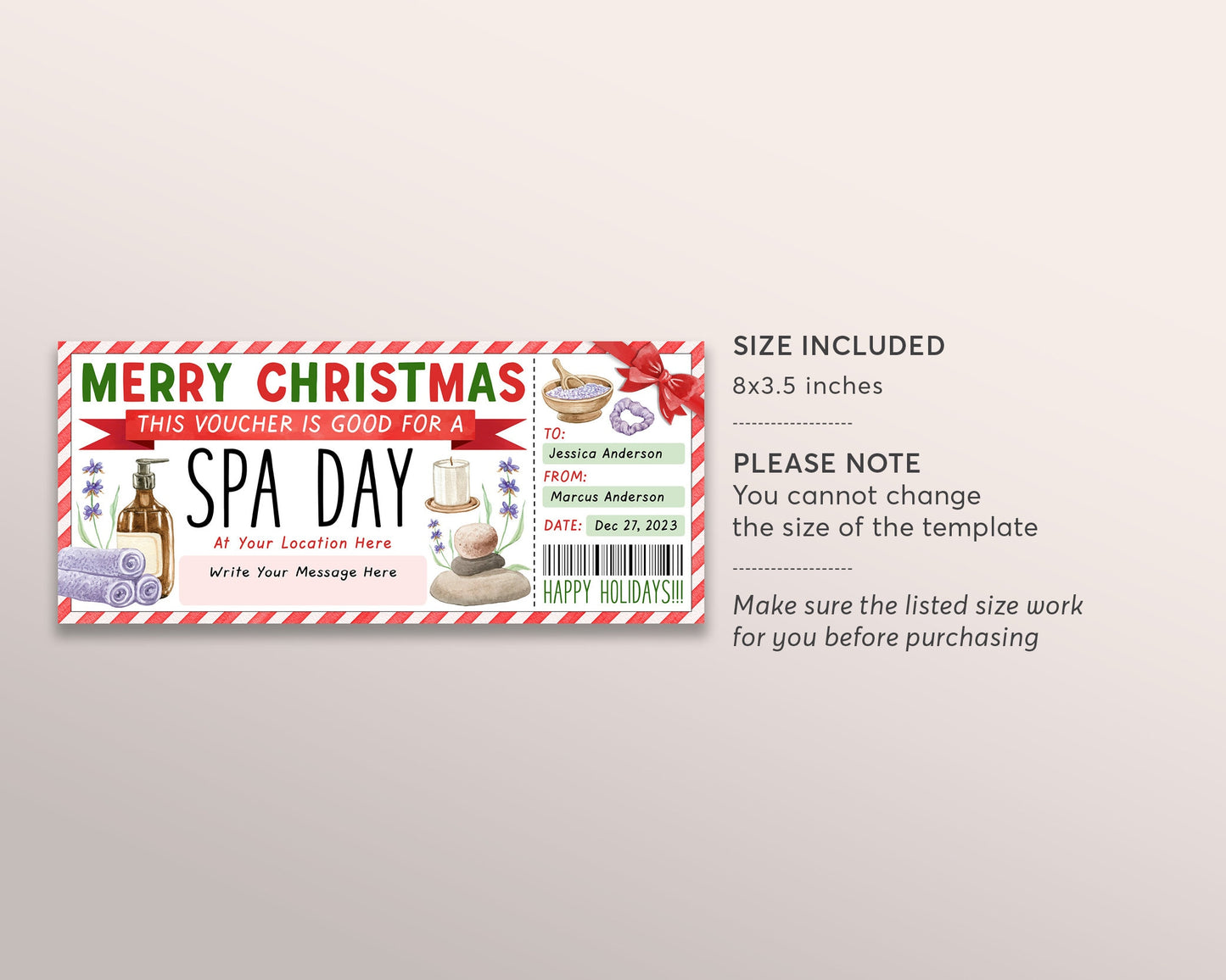 Christmas Spa Day Gift Voucher Ticket Editable Template, Surprise Spa Treatment Coupon Reveal, Holiday Spa Membership Package Certificate