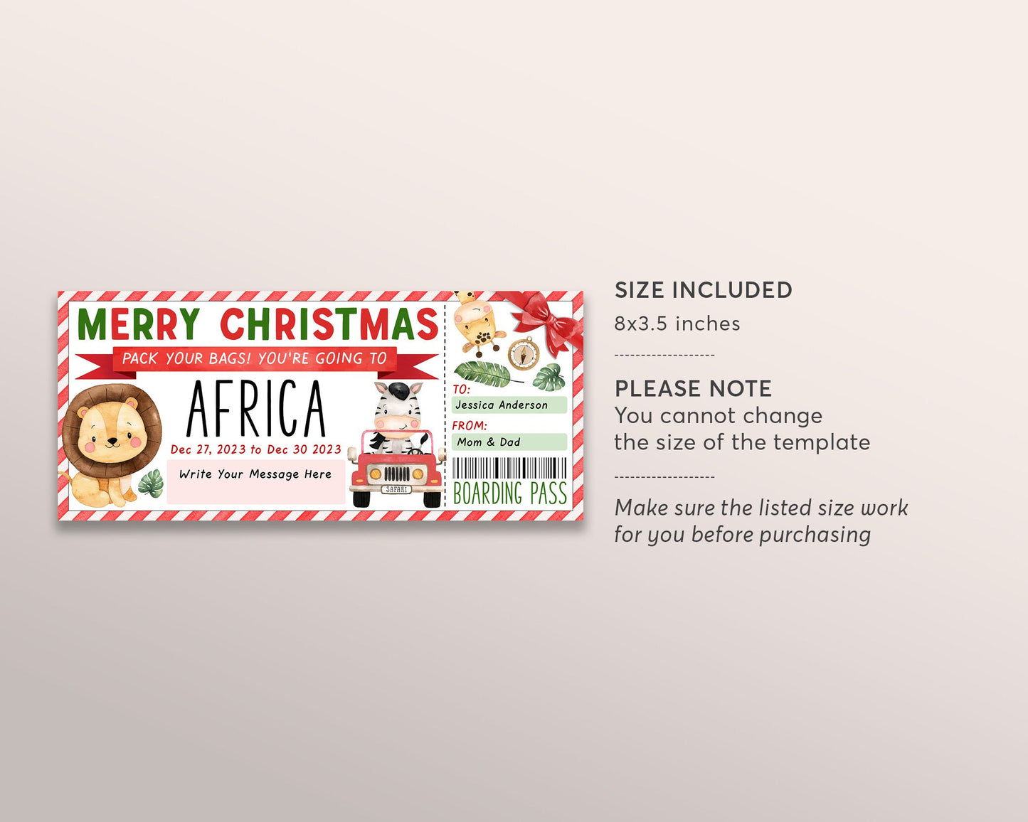 Africa Trip Plane Ticket Editable Template, Christmas Surprise Africa Travel Boarding Pass Vacation Gift Certificate, African Safari Reveal