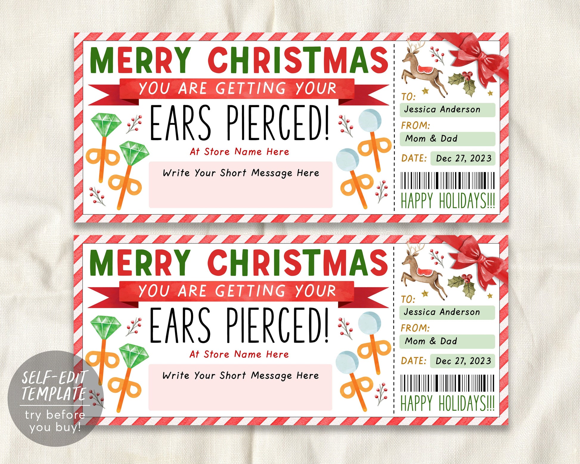 Christmas Ear Piercing Gift Voucher Editable Template