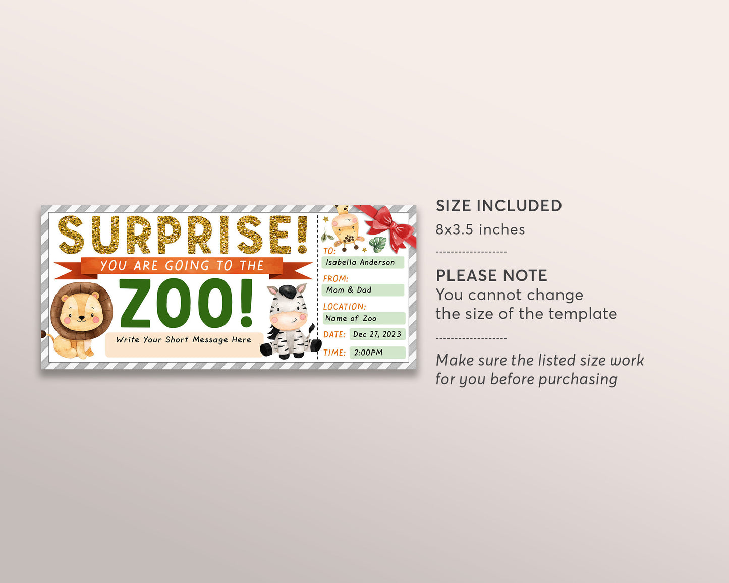 Zoo Ticket Editable Template, Surprise Birthday Gift For Kids, Zoo Membership Holiday Present, Safari Day Trip Animal Park Gift Certificate