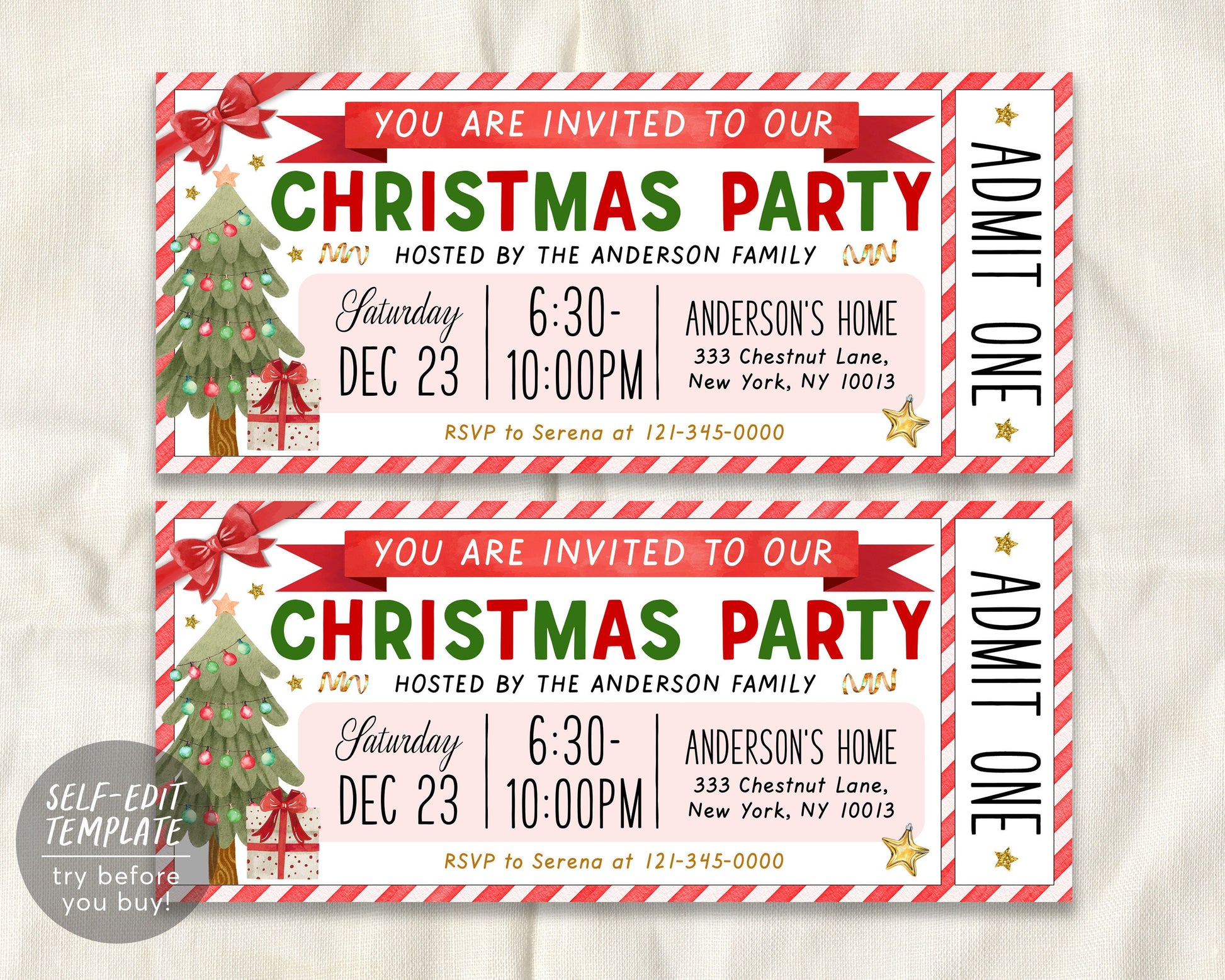christmas party invitation ticket editable template, surprise holiday party event printable, festive winter celebration office party invite