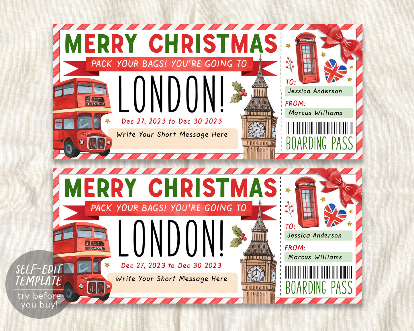 London Surprise Gift Ticket Boarding Pass Editable Template