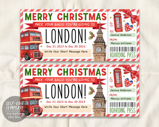 London Surprise Gift Ticket Boarding Pass Editable Template