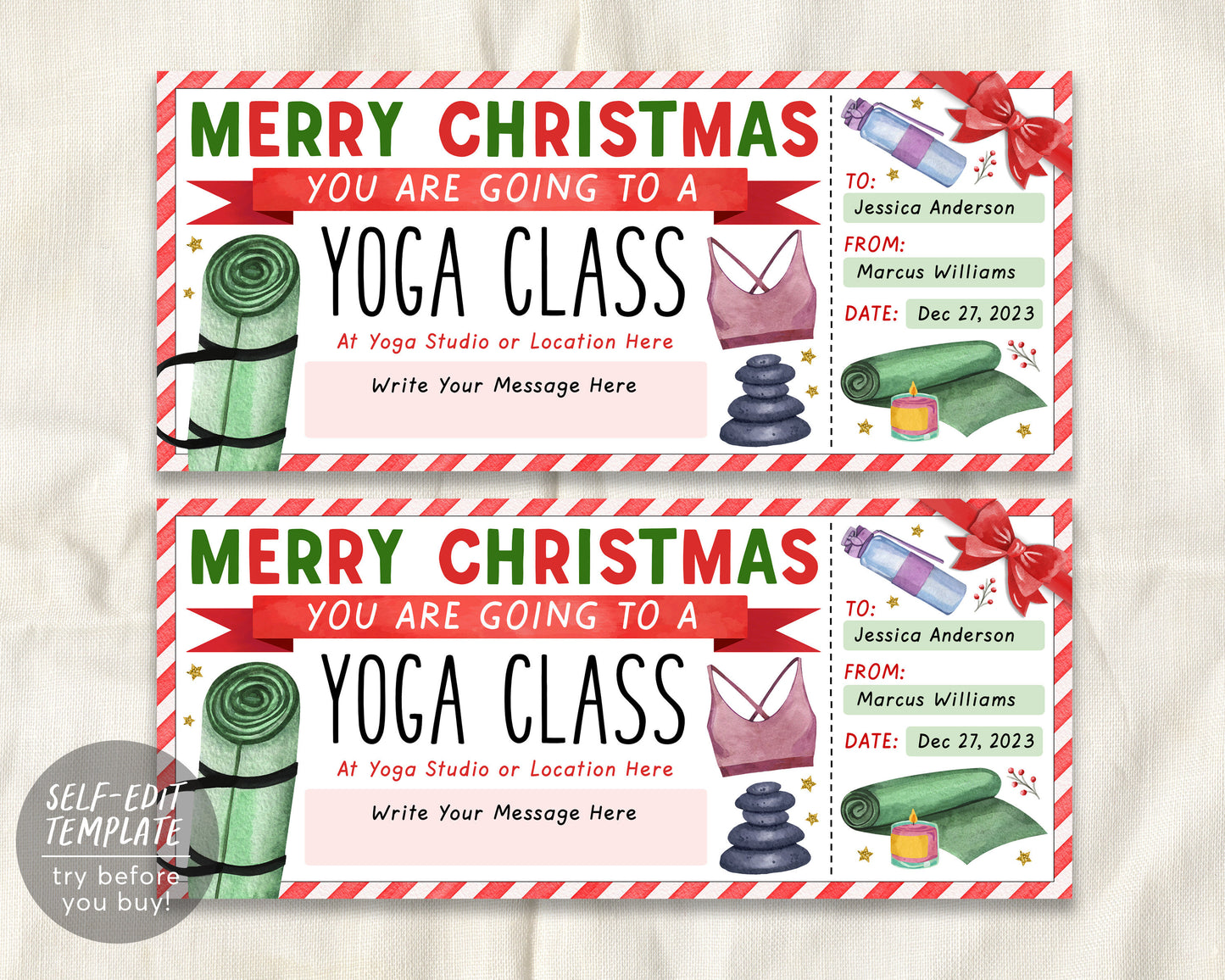 Christmas Yoga Classes Ticket Editable Template