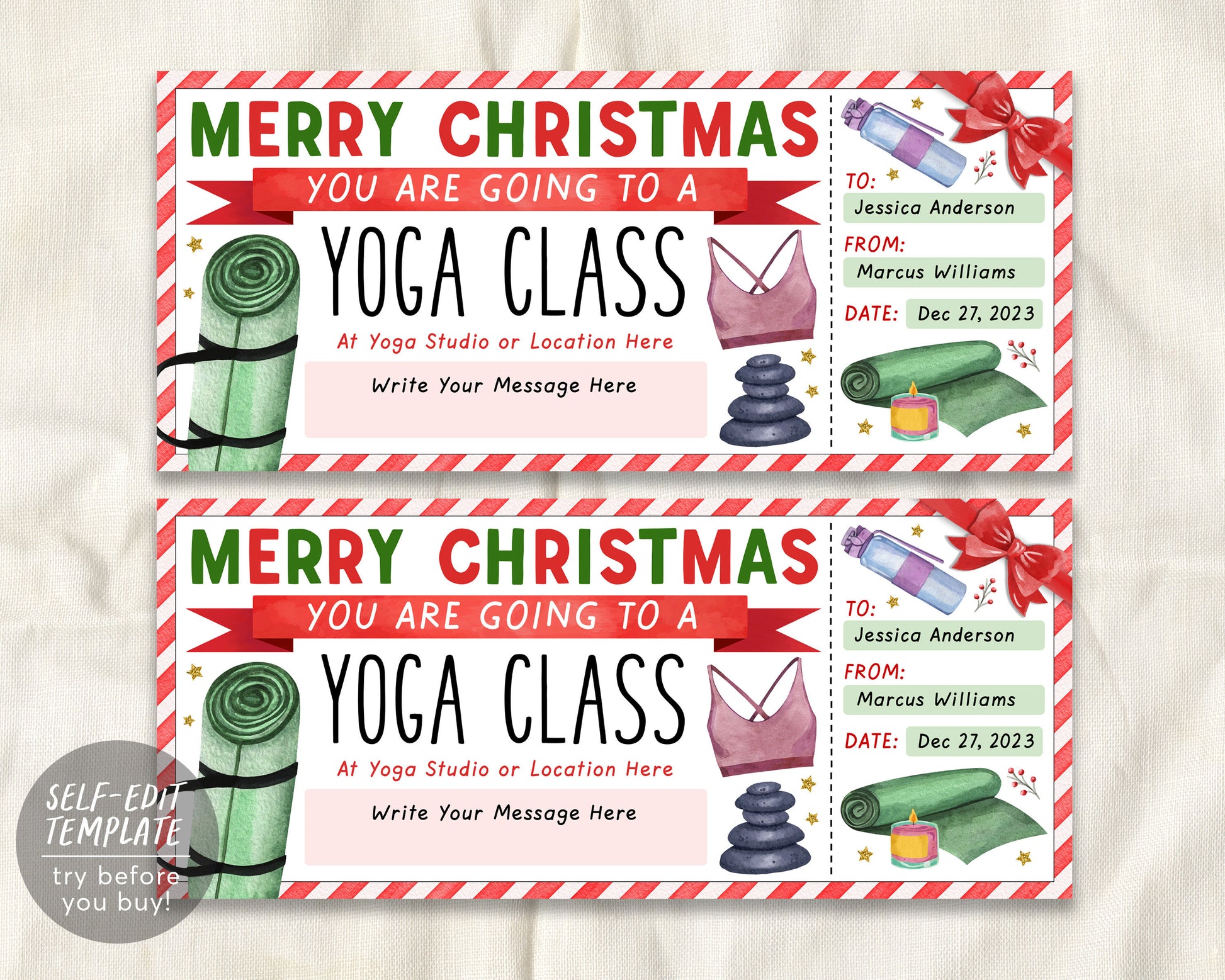 Editable Yoga Gift Coupon Template, Printable Yoga Class Gift