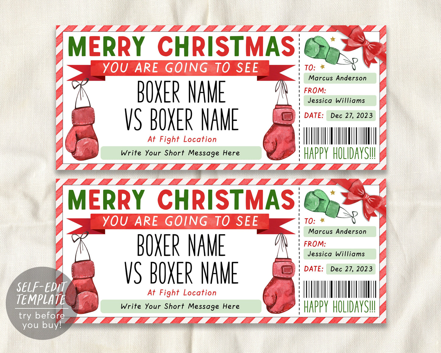 Christmas Boxing Ticket Gift Editable Template