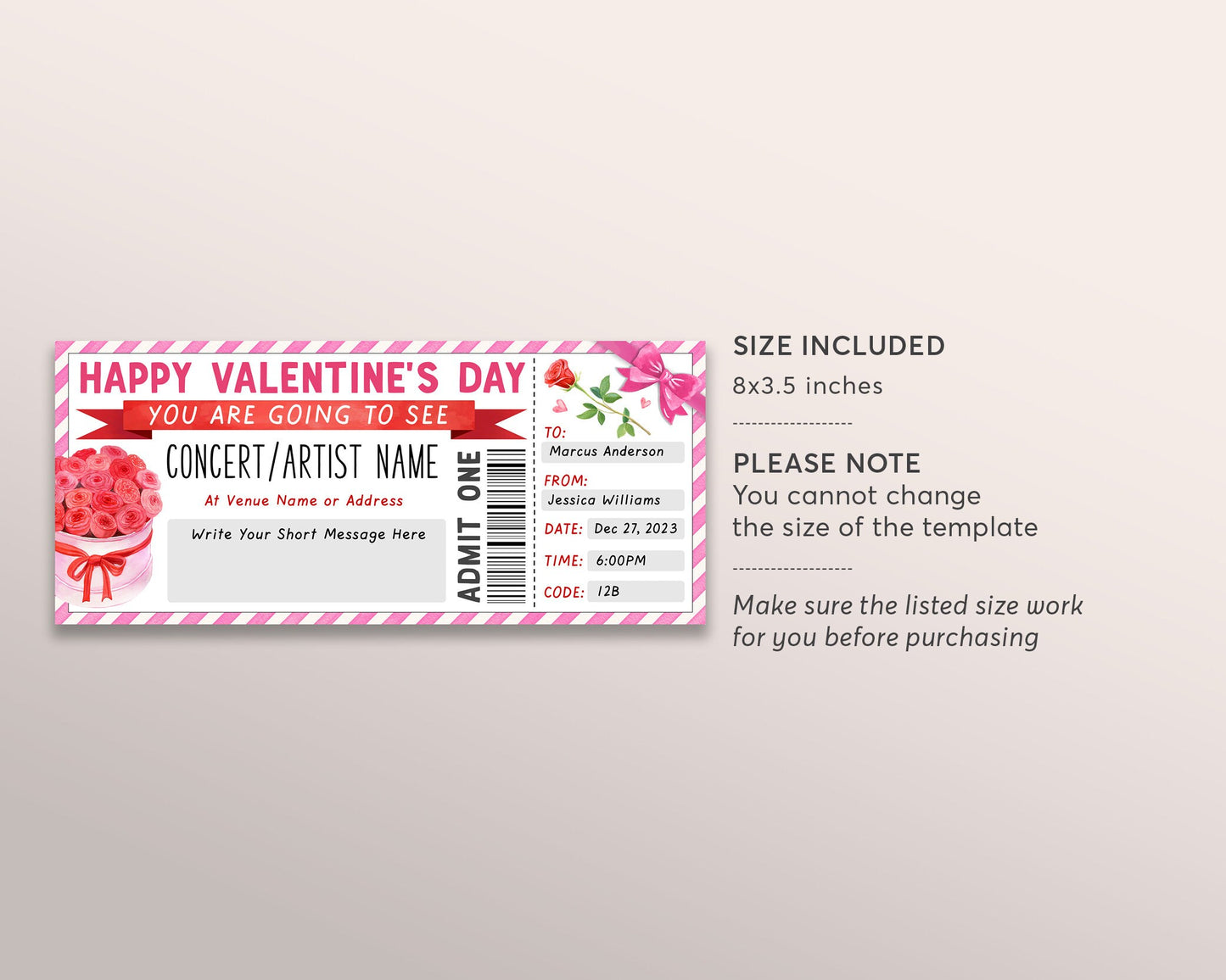 Valentines Day Concert Ticket Gift Voucher Editable Template, Anniversary Surprise Gift Certificate Music Show Artist Band Experience Reveal