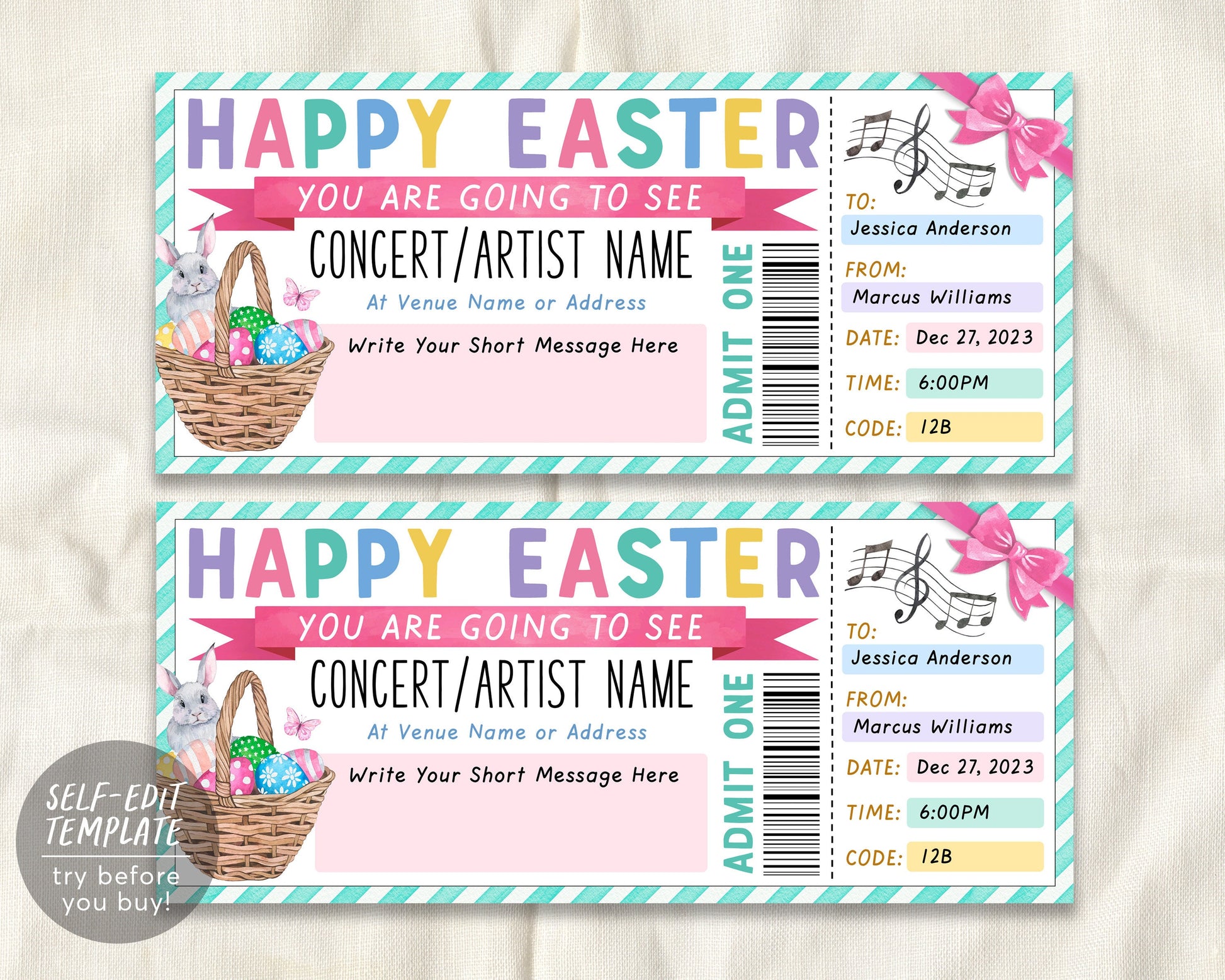 Easter Concert Ticket Gift Voucher Editable Template