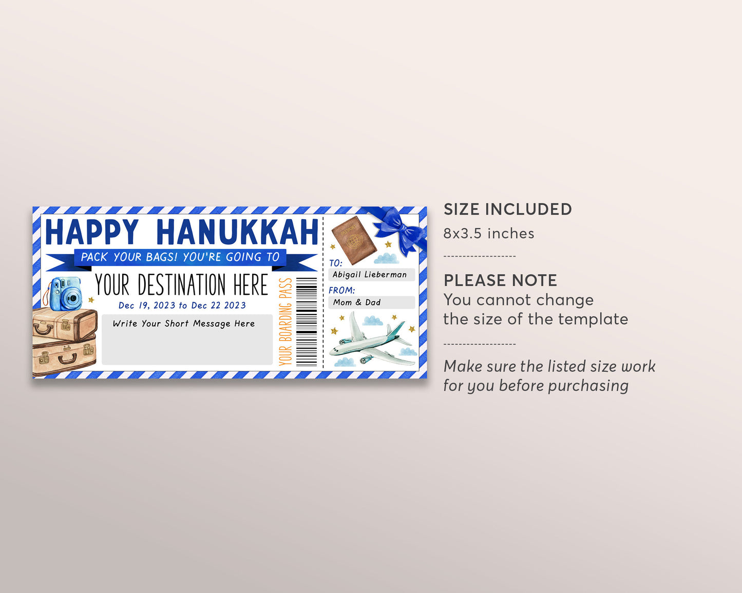 Happy Hanukkah Surprise Boarding Pass Editable Template, Chanukah Trip Plane Ticket, Vacation Travel, Holiday Trip Reveal Flight Destination