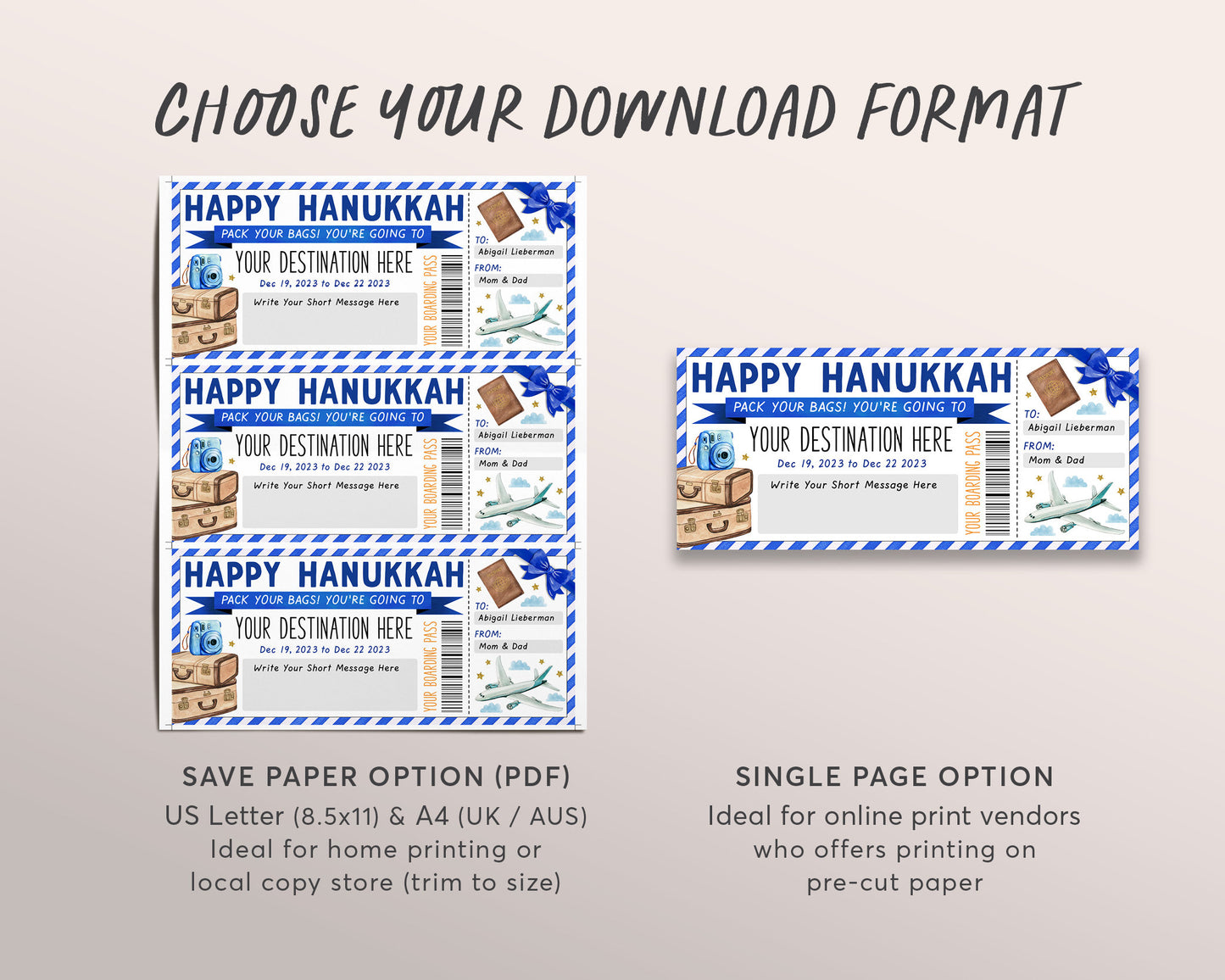 Happy Hanukkah Surprise Boarding Pass Editable Template, Chanukah Trip Plane Ticket, Vacation Travel, Holiday Trip Reveal Flight Destination