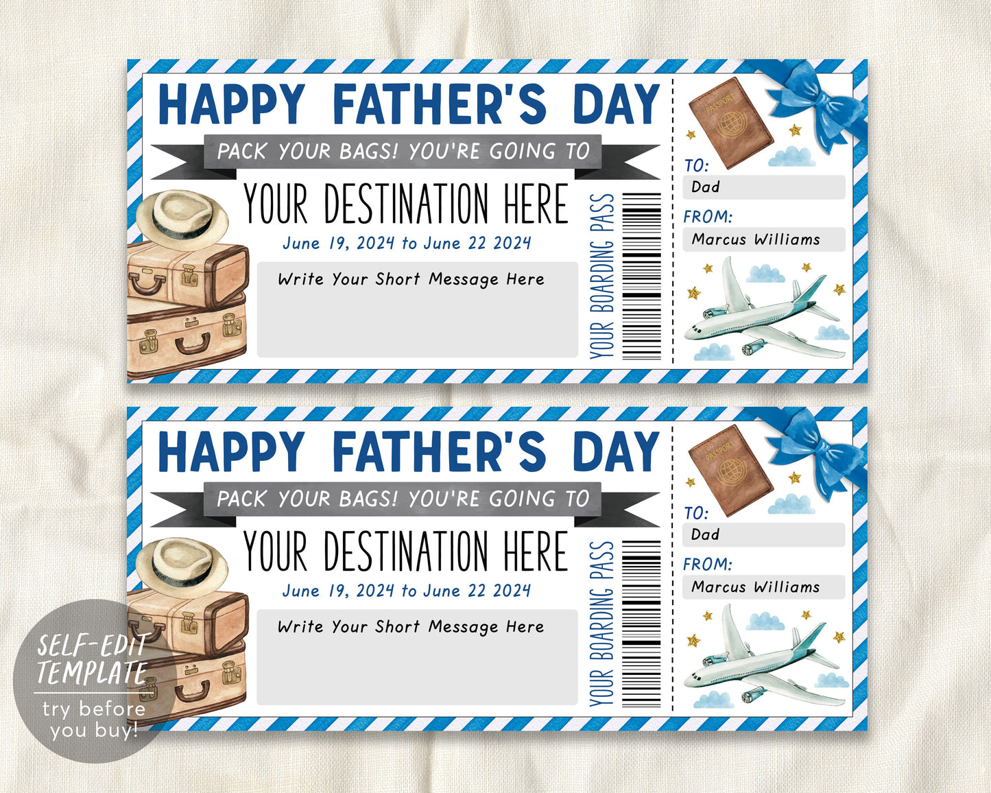 Fathers Day Surprise Boarding Pass Ticket Editable Template