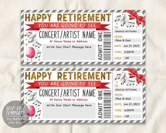 Retirement Concert Gift Voucher Ticket Editable Template