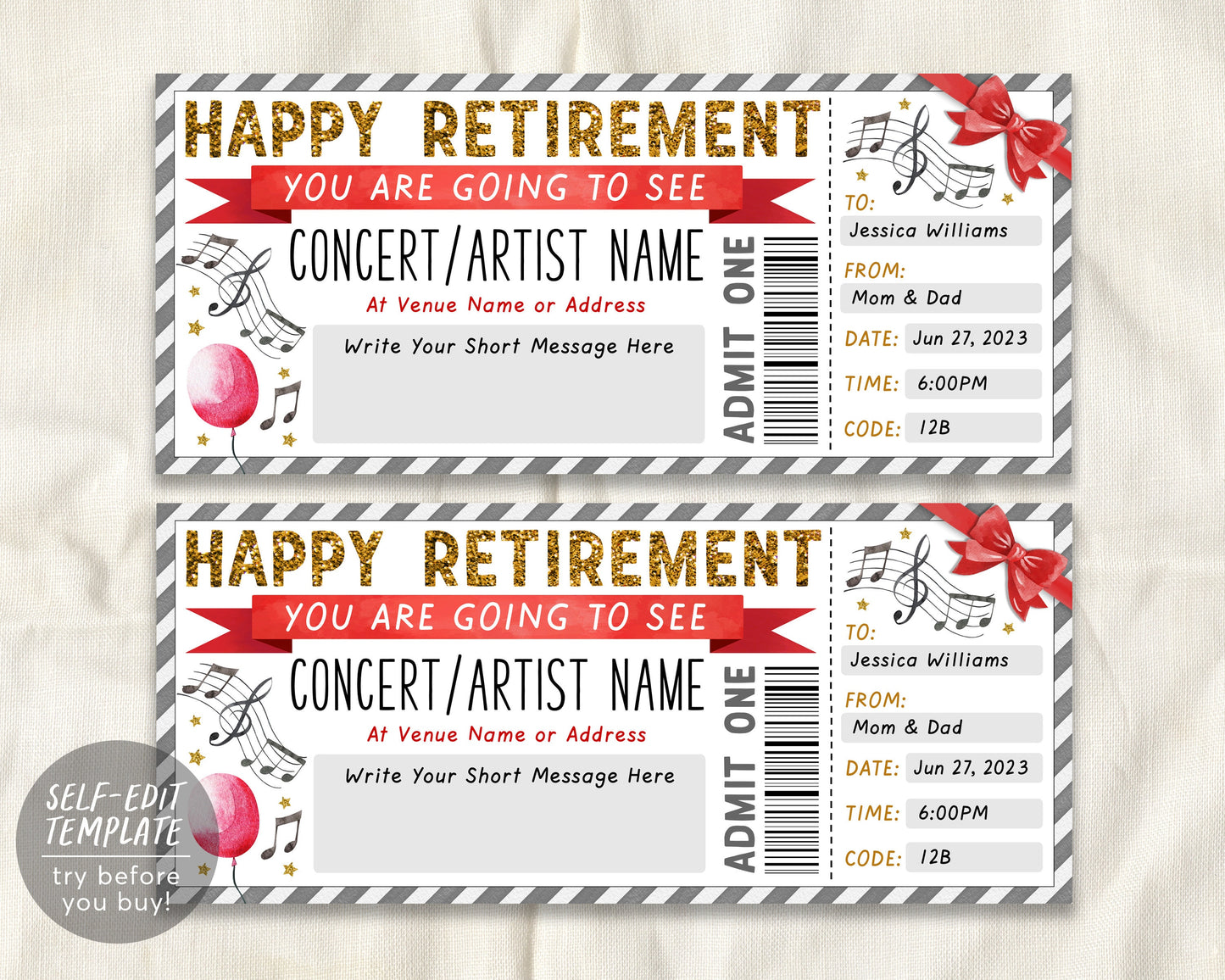 Retirement Concert Gift Voucher Ticket Editable Template