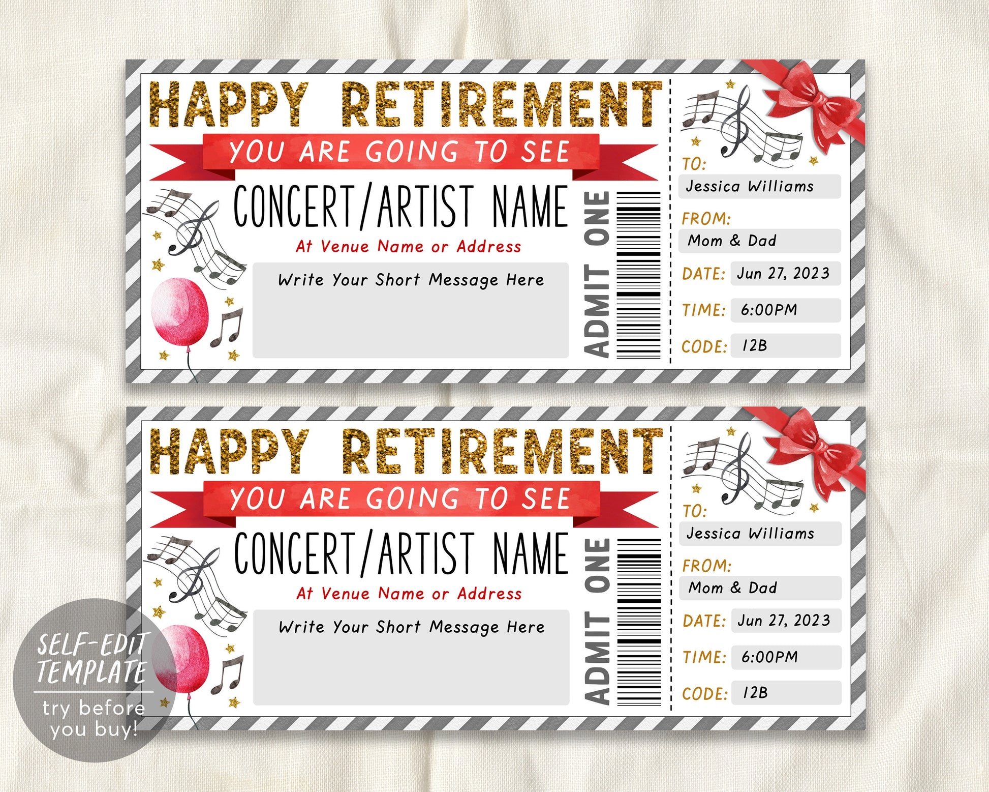 Retirement Concert Gift Voucher Ticket Editable Template, Surprise Gif –  Puff Paper Co