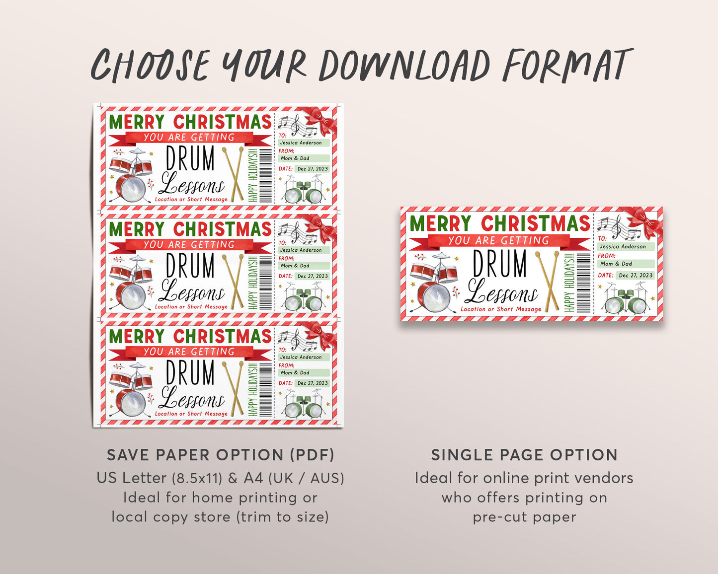 Drum Lessons Christmas Gift Certificate Editable Template, Surprise Music Drumming Class Gift Voucher, Holiday Learn to Play Drums Coupon