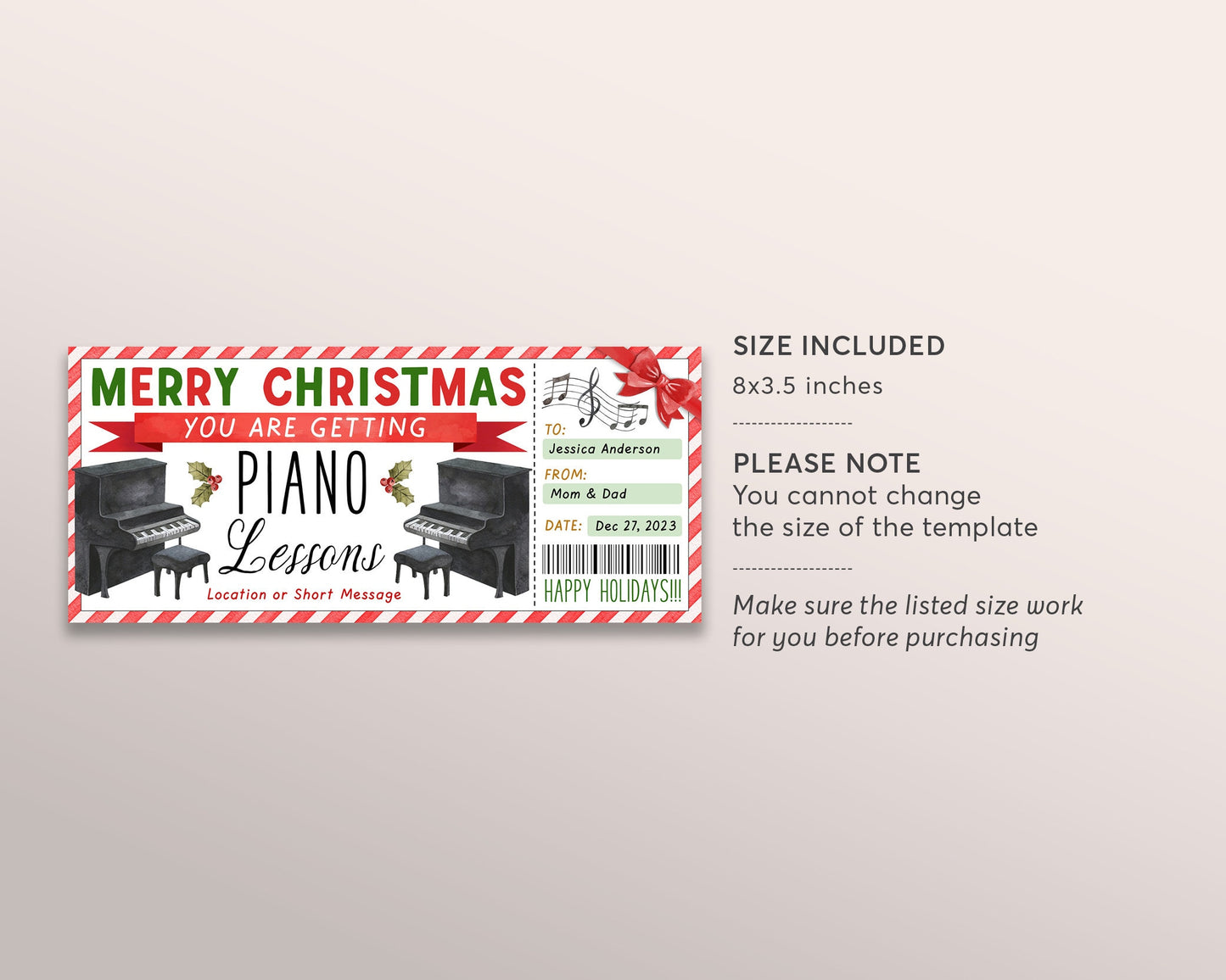 Piano Lessons Christmas Gift Certificate Editable Template, Surprise Keyboard Music Piano Class Gift Voucher Holiday Gift Reveal Coupon