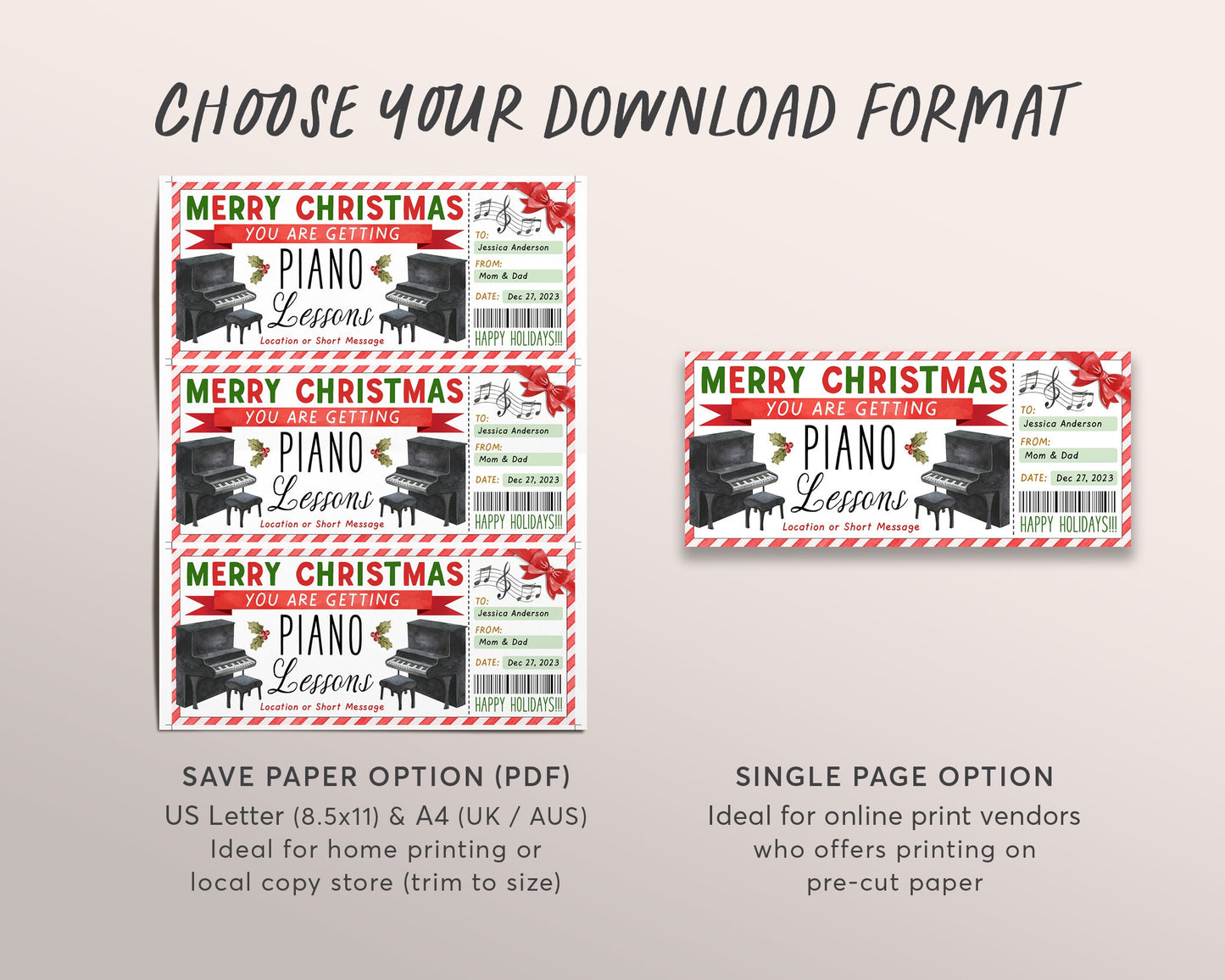 Piano Lessons Christmas Gift Certificate Editable Template, Surprise Keyboard Music Piano Class Gift Voucher Holiday Gift Reveal Coupon