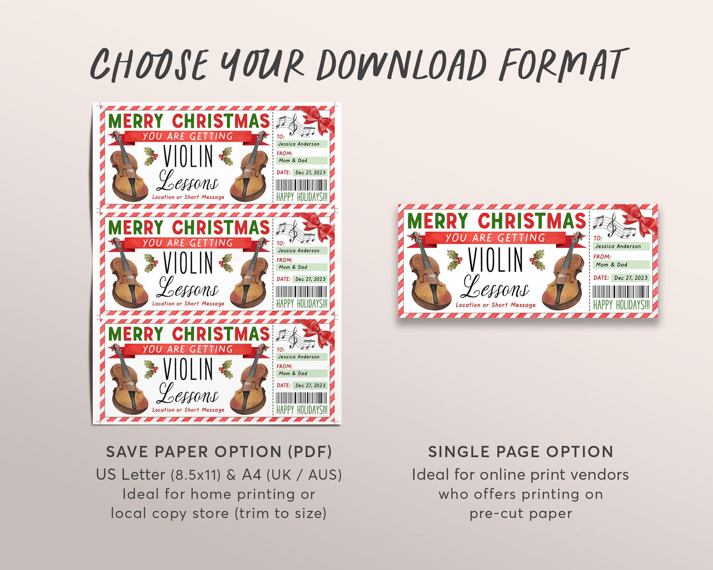 Violin Lessons Christmas Gift Certificate Editable Template, Surprise Music Violin Class Masterclass Gift Voucher Holiday Gift Reveal Coupon
