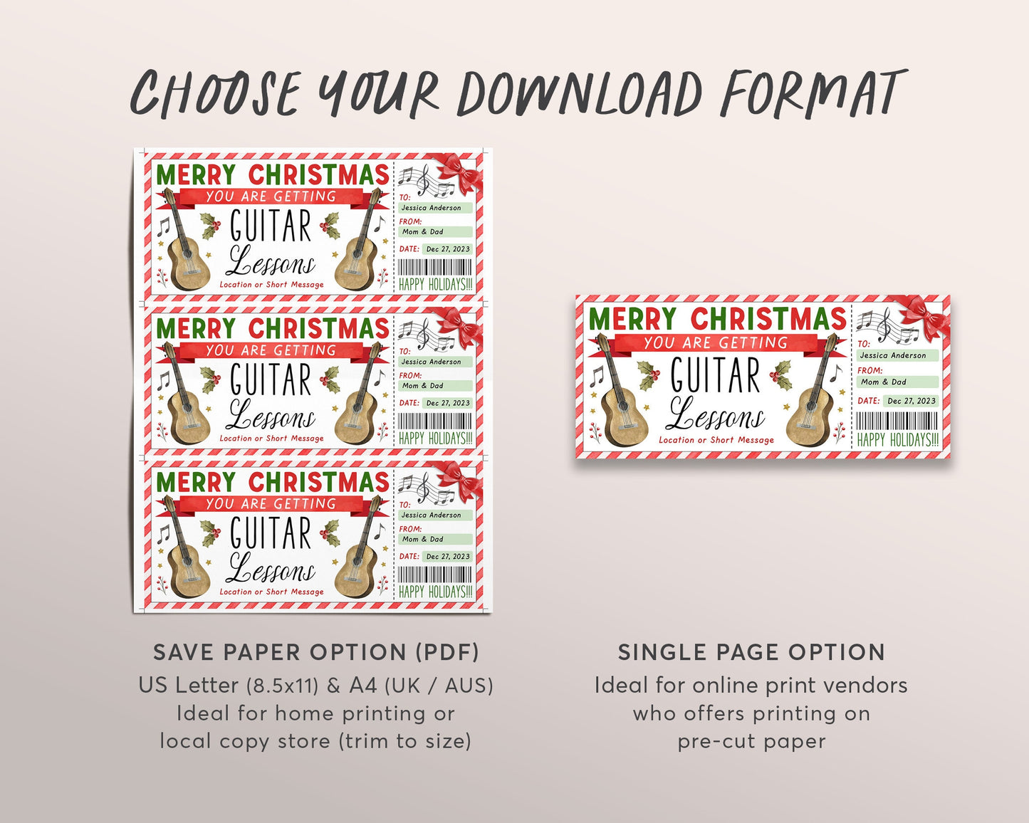 Guitar Lessons Christmas Gift Certificate Editable Template, Surprise Music Guitar Class Voucher Holiday Gift Reveal, Learn to Play Coupon